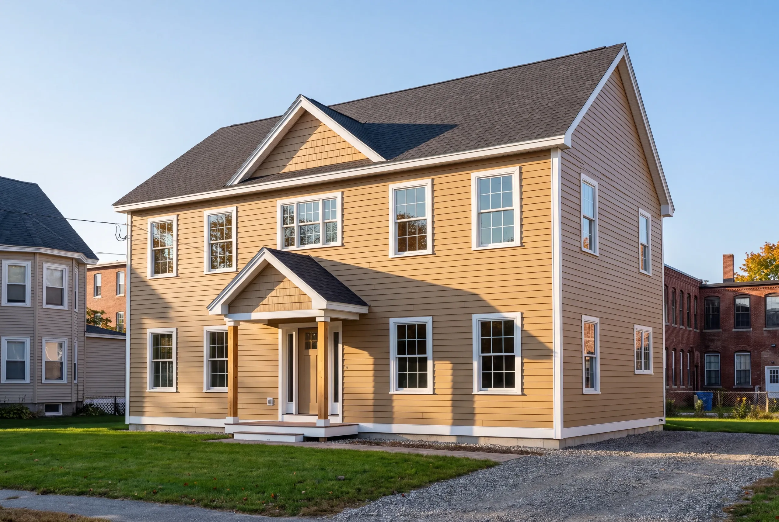 Finished custom home in Lewiston, Maine, wide view