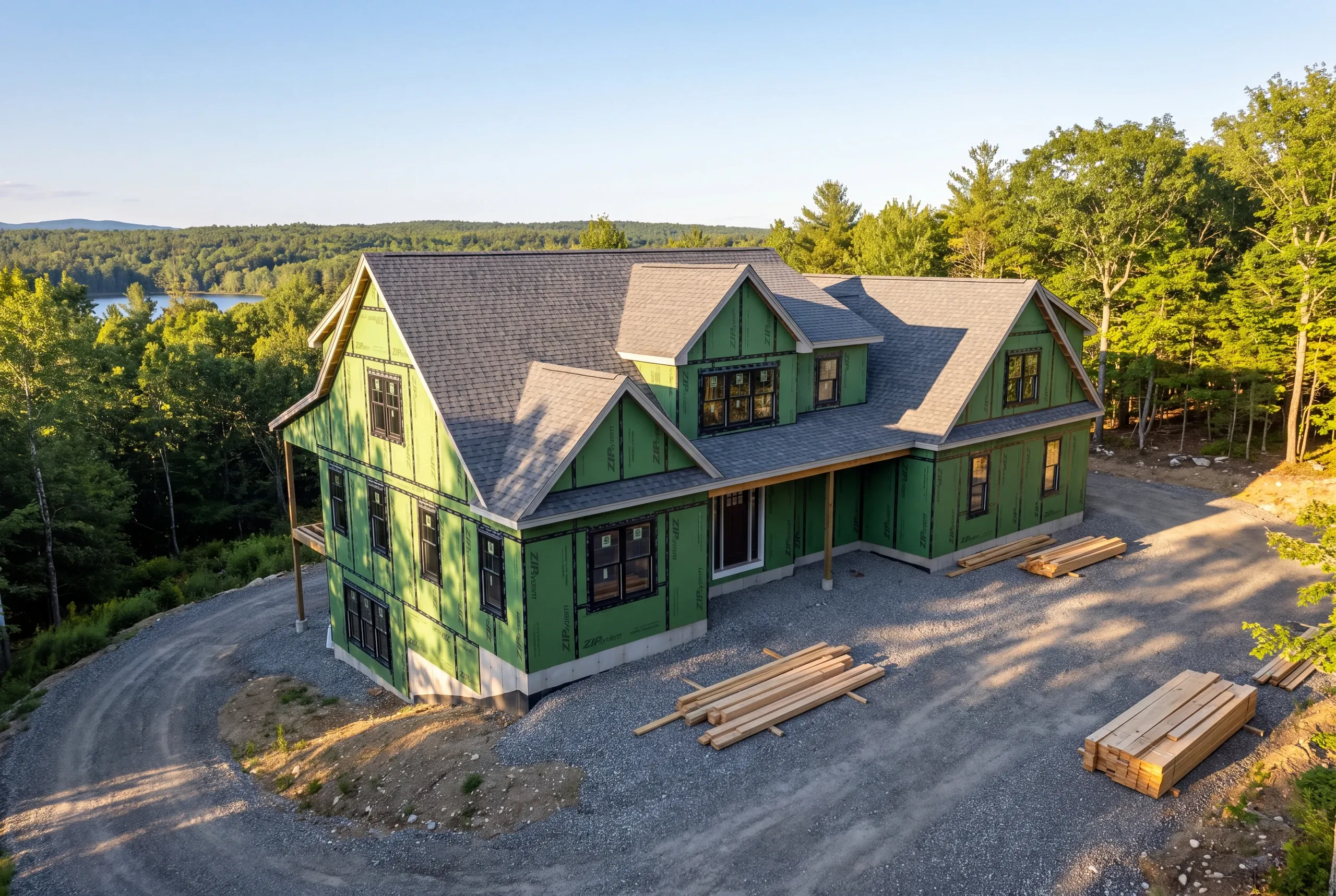 Custom home builder Mt. Vernon, ME crew framing a new house on high wooded ground above Minnehonk Lake
