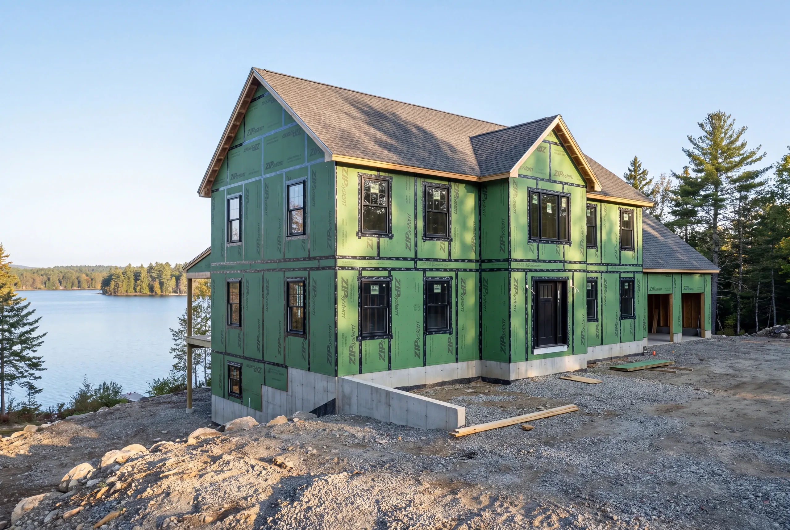 Custom home builder Oakland, ME crew framing a lakeside house above Messalonskee Lake