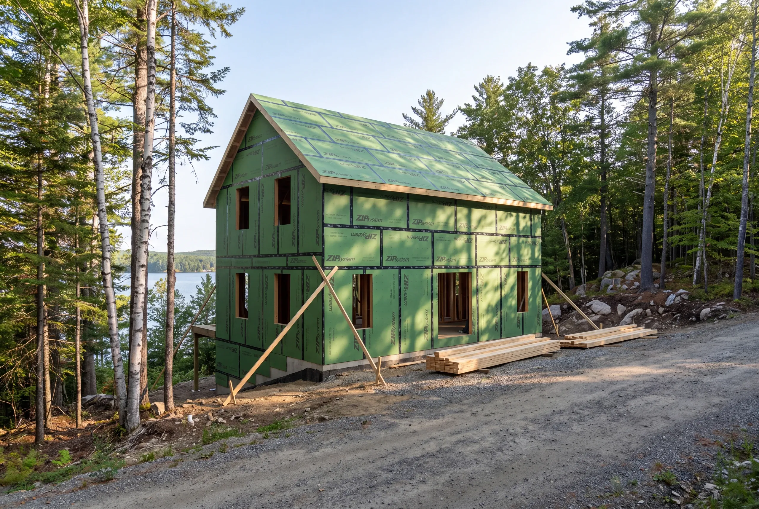 Builder assessing access and staging on a narrow camp road in Oakland, Maine