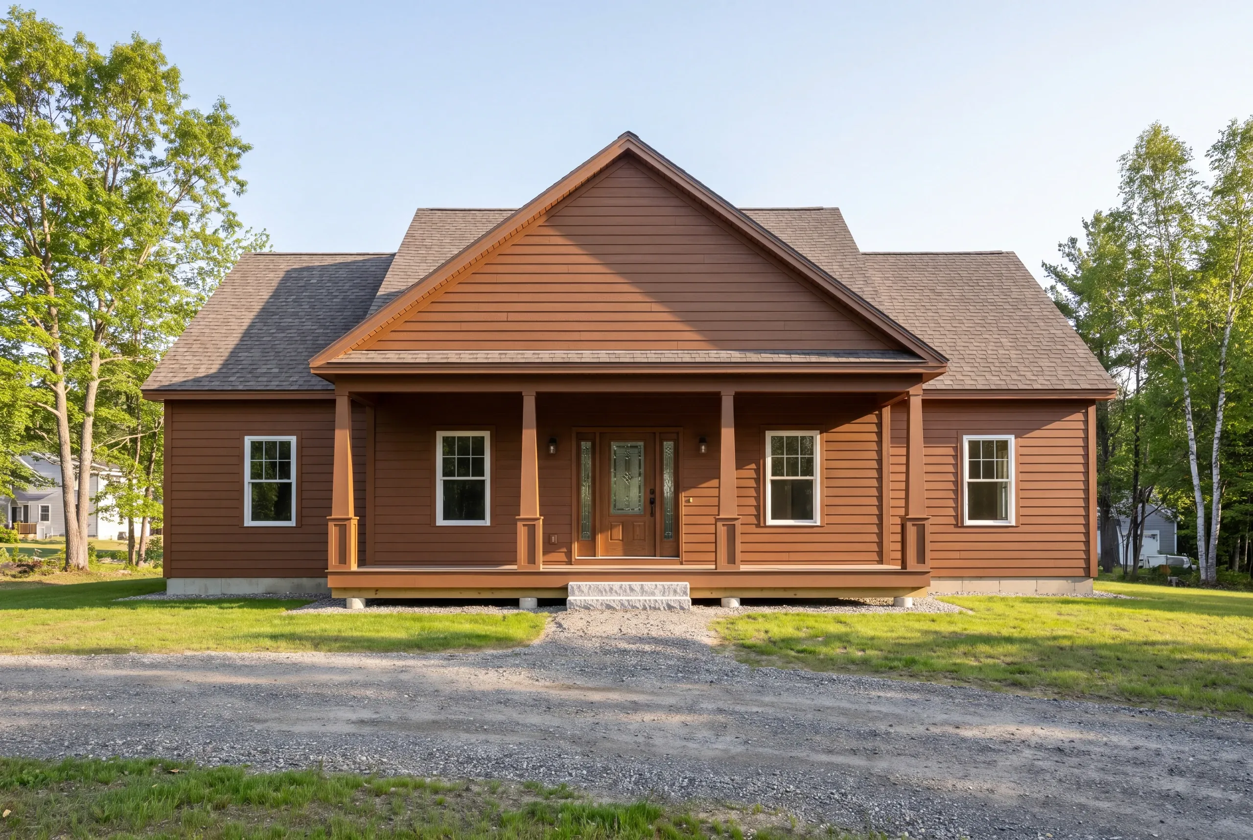 Finished front entry and covered porch of a new Oakland home