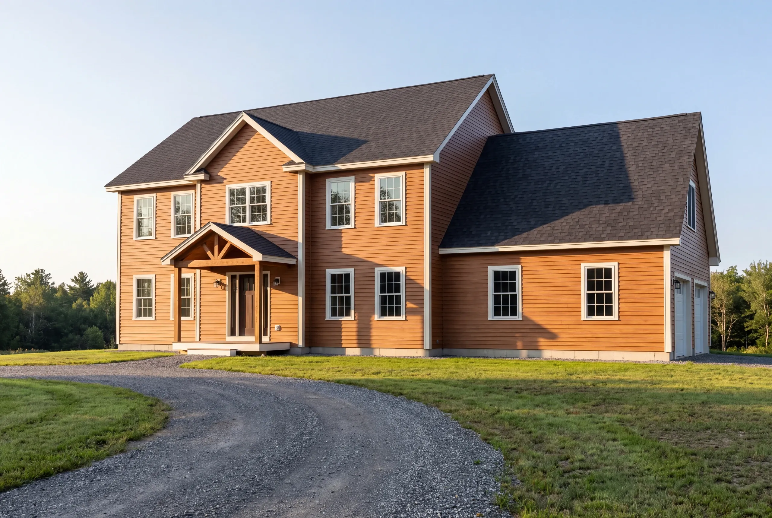 Finished custom home in Oakland, Maine, wide view