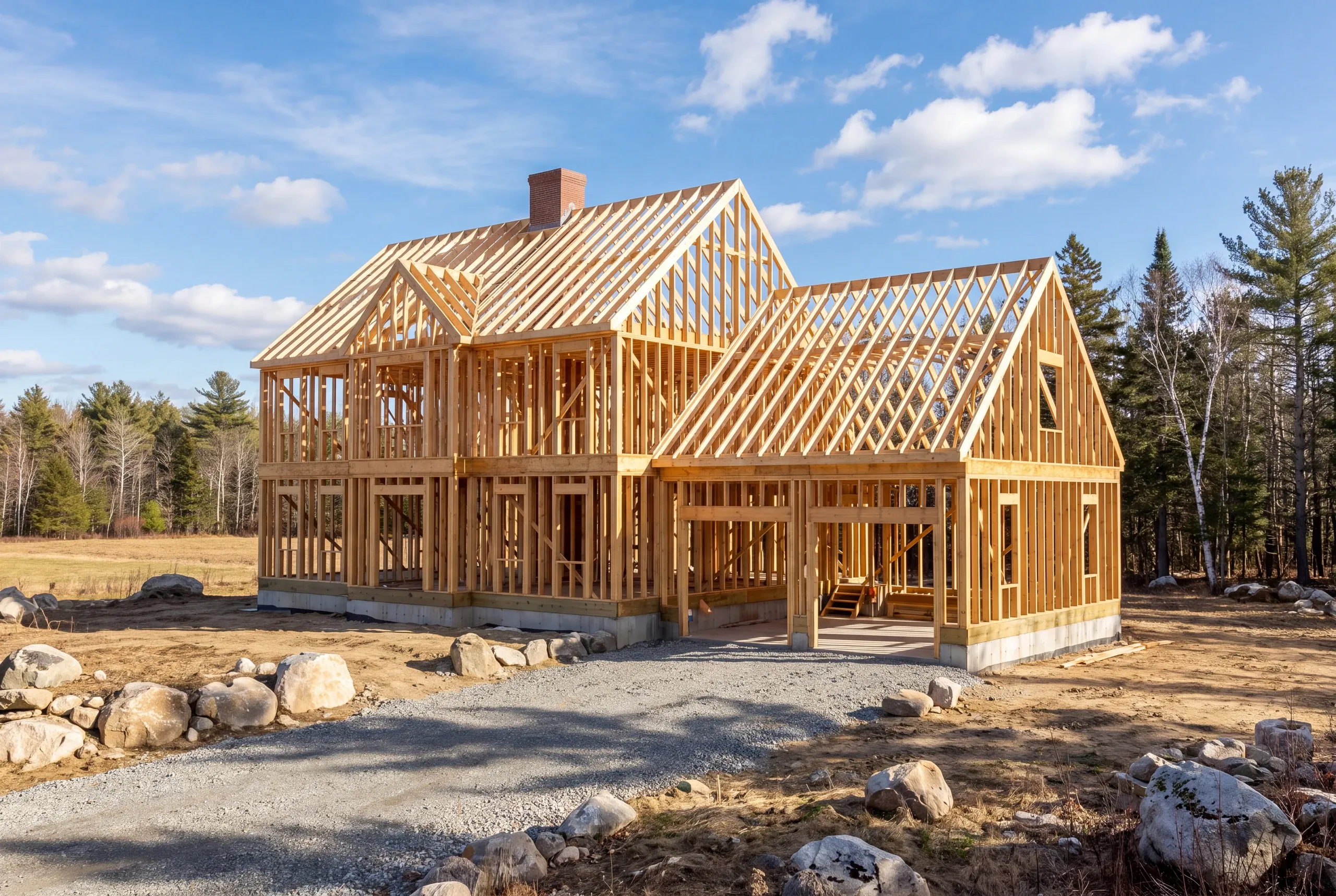 Custom home builder Palermo, ME crew framing a new house on open upland acreage in Waldo County