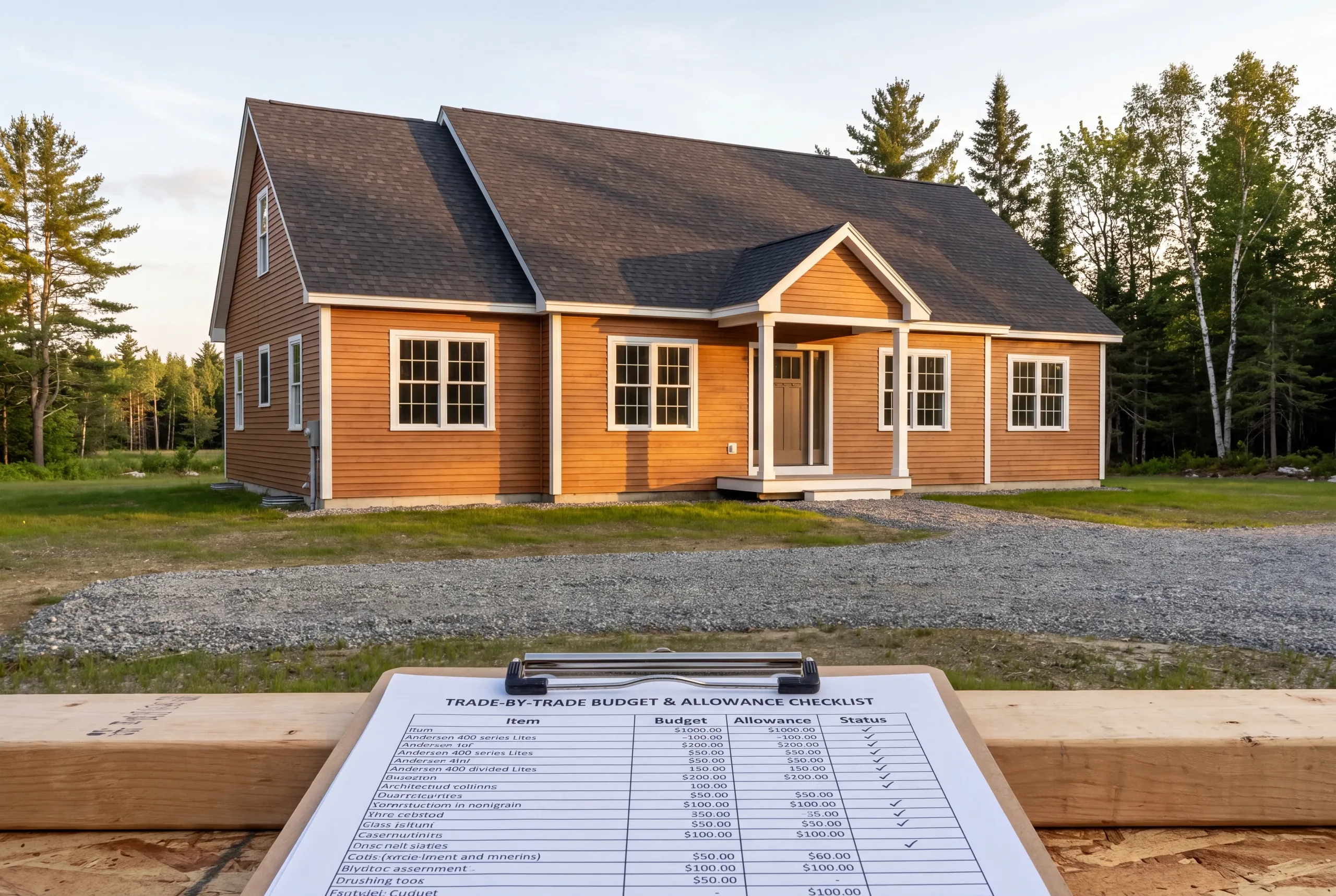 Trade-by-trade budget and allowance list on a builder's clipboard