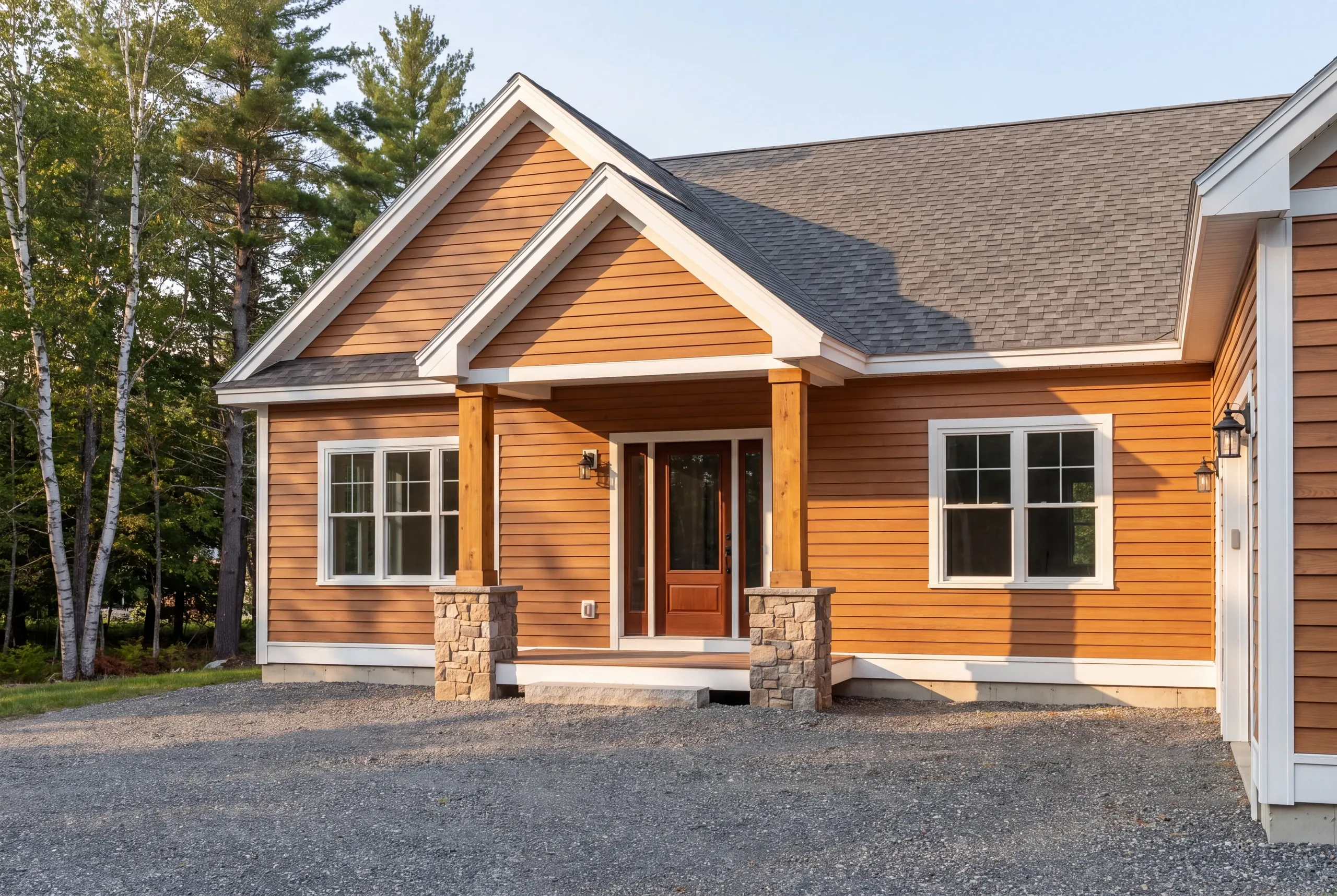 Finished front entry and covered porch of a new Palermo home