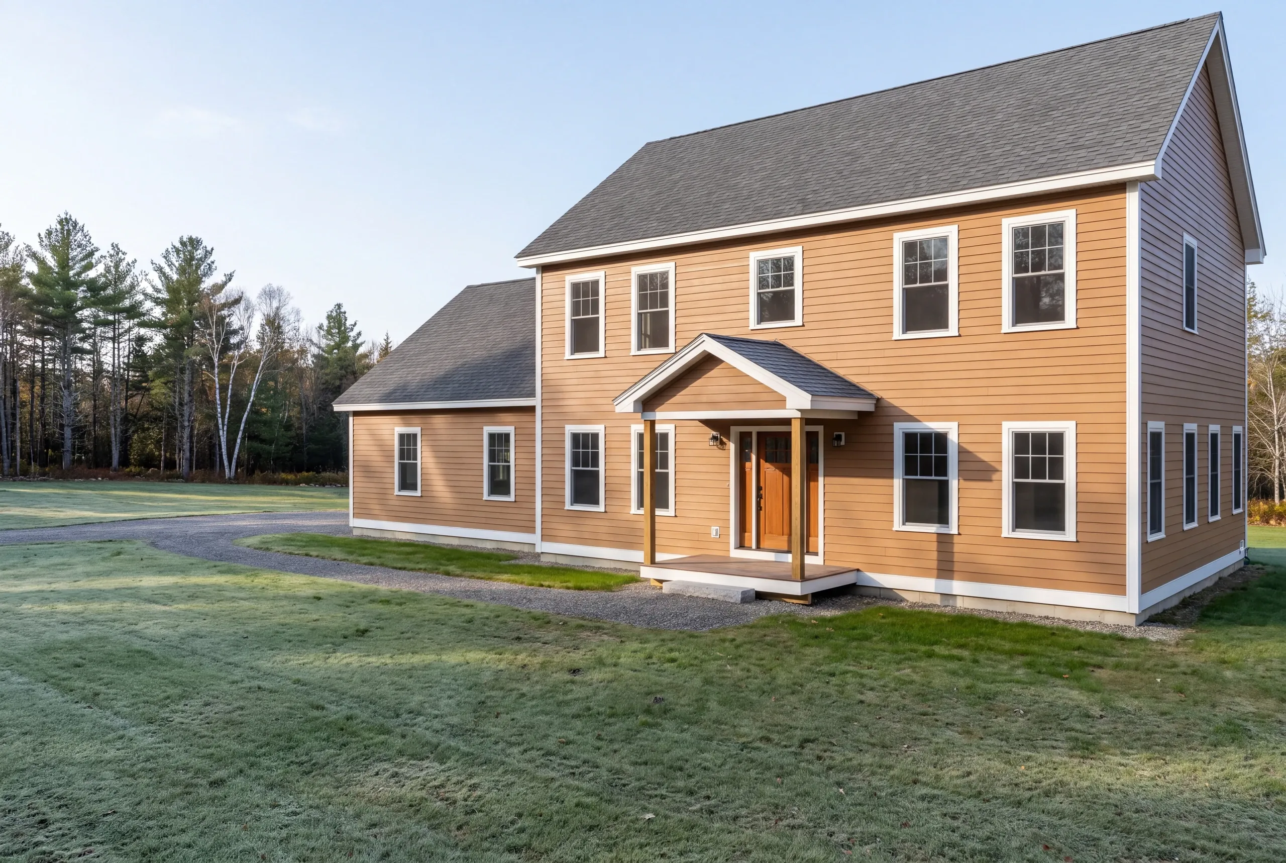 Finished custom home in Palermo, Maine, wide view
