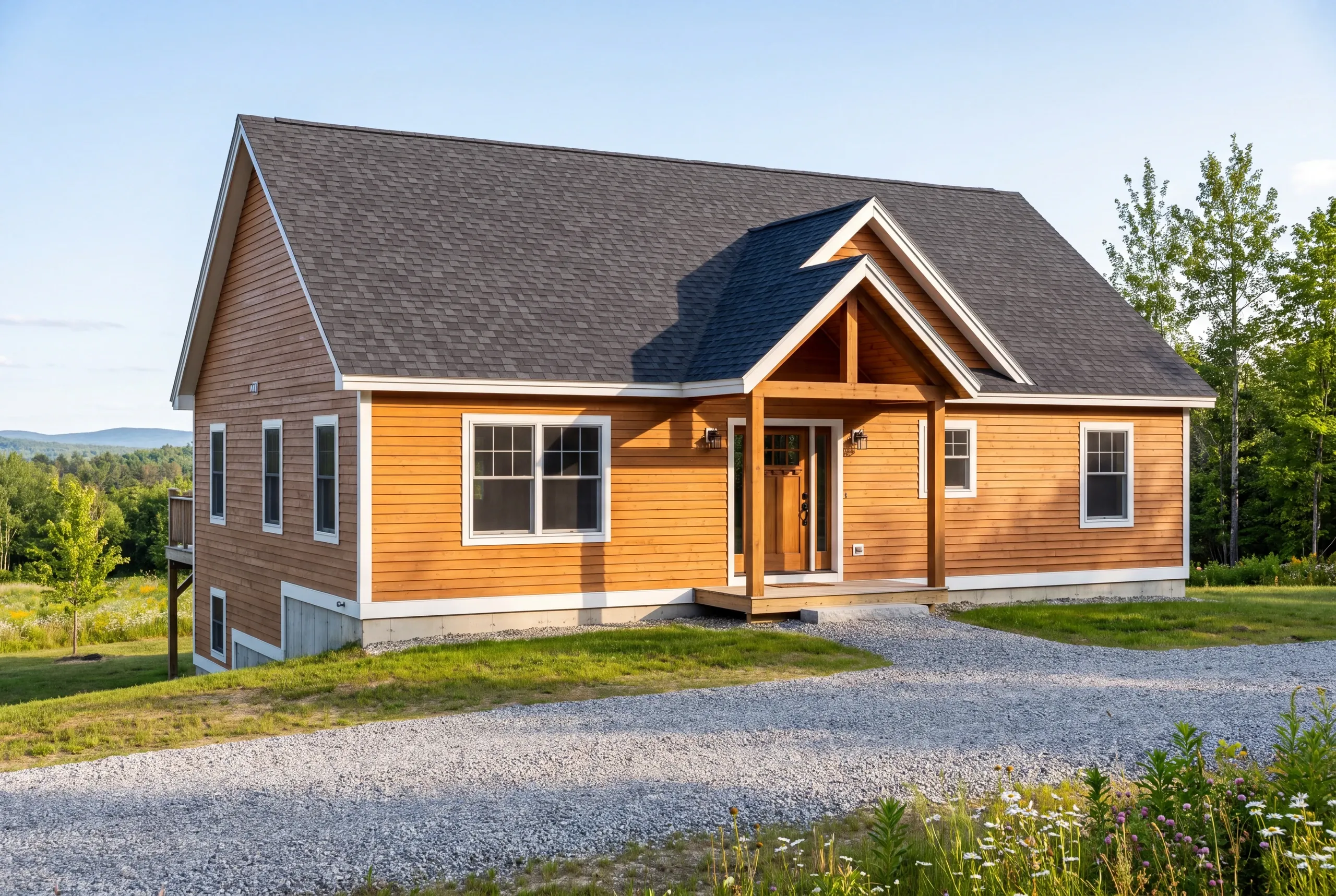Completed single-level home with steep roof pitch on an exposed Sidney parcel