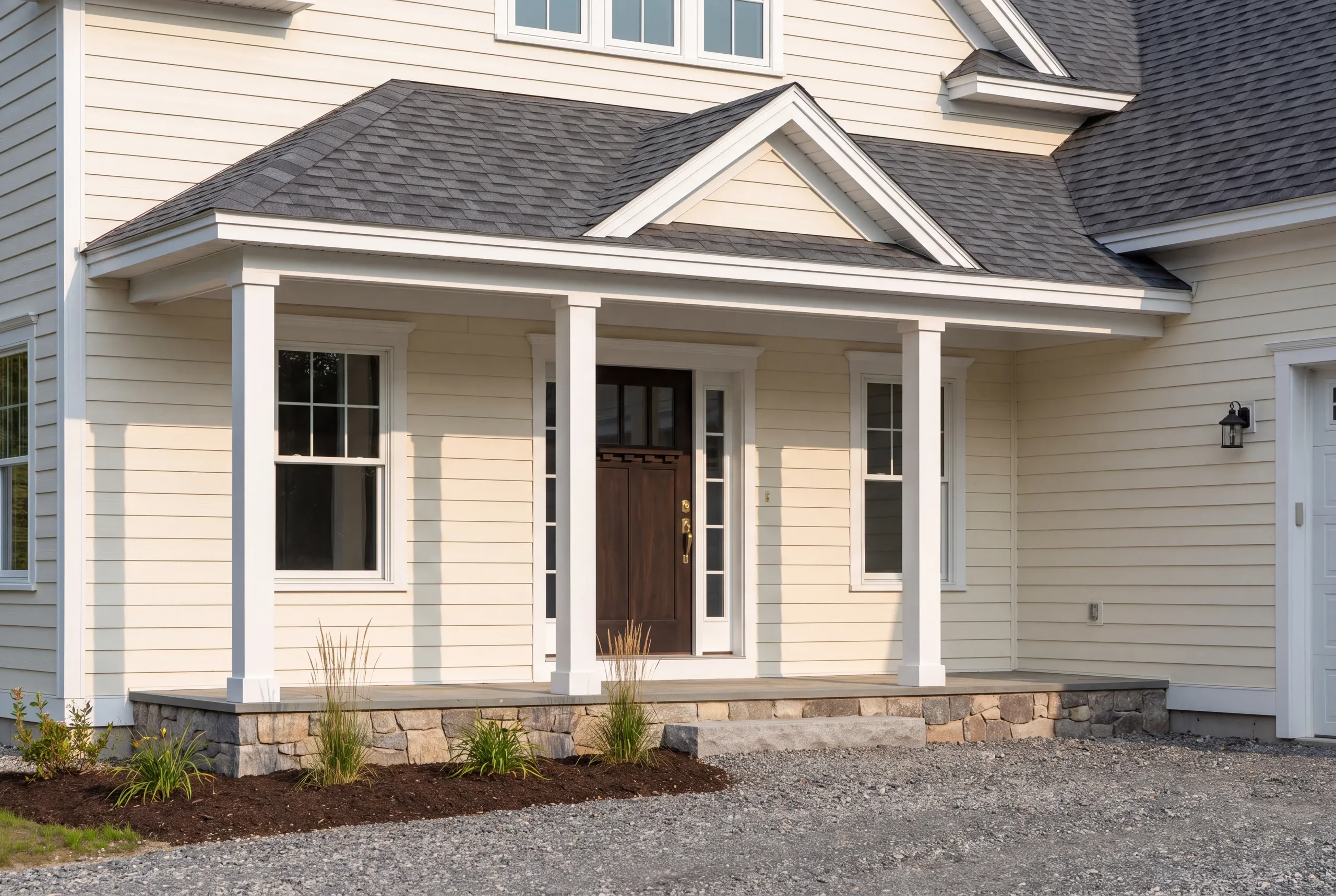 Finished front entry and covered porch of a new Sidney home