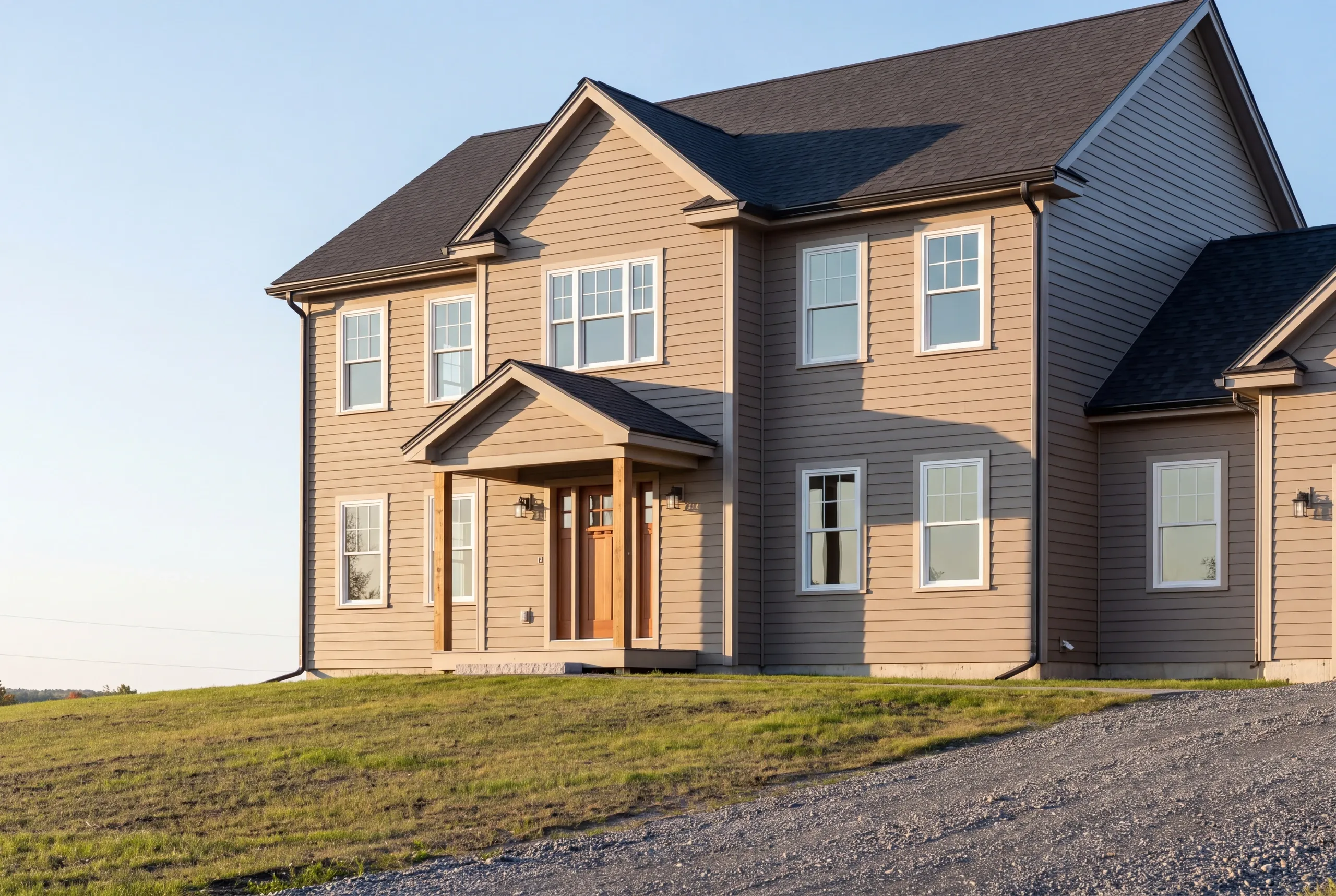 Finished custom home in Sidney, Maine, wide view