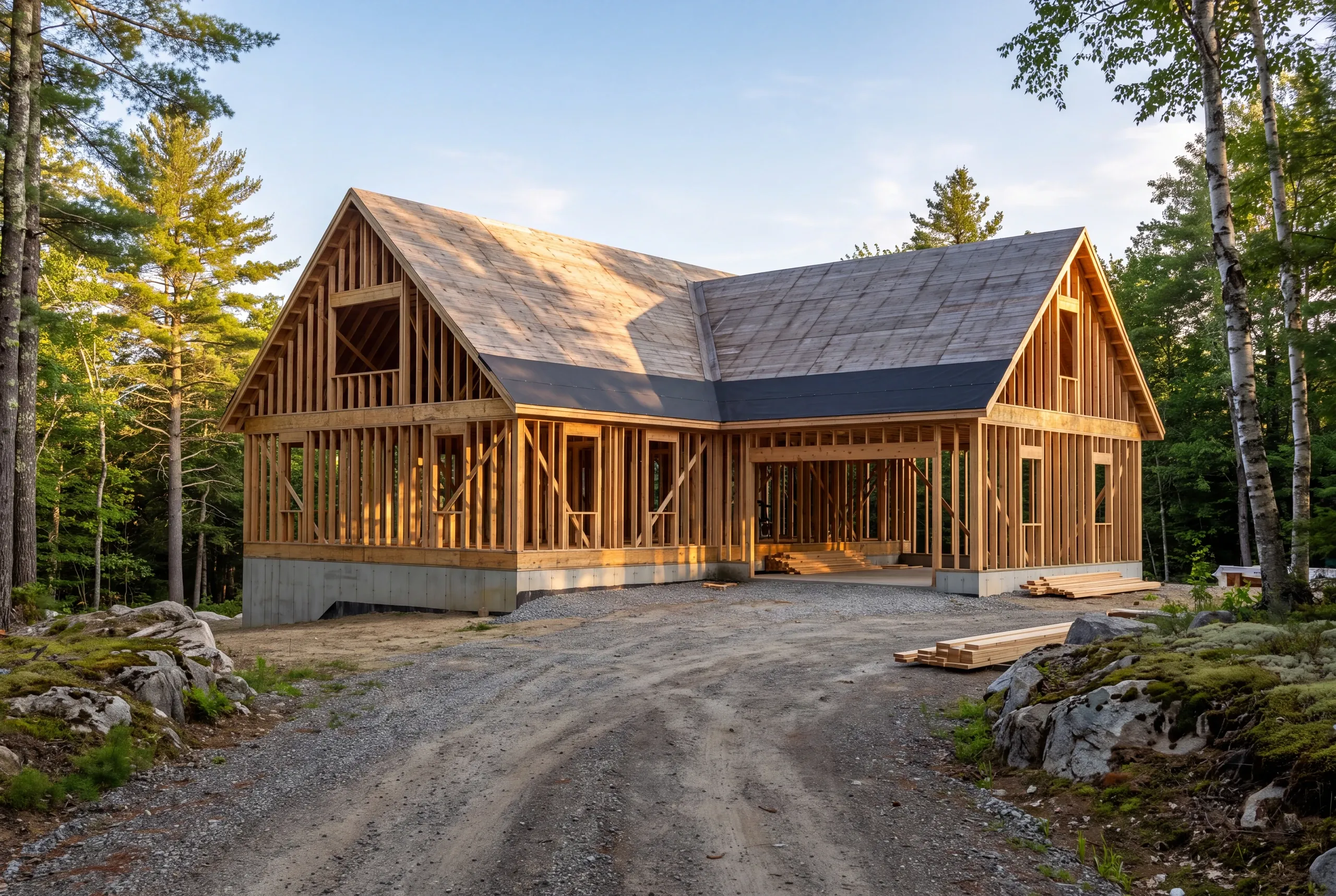 Custom home builder Vassalboro, ME crew framing a new house at the end of a long rural drive
