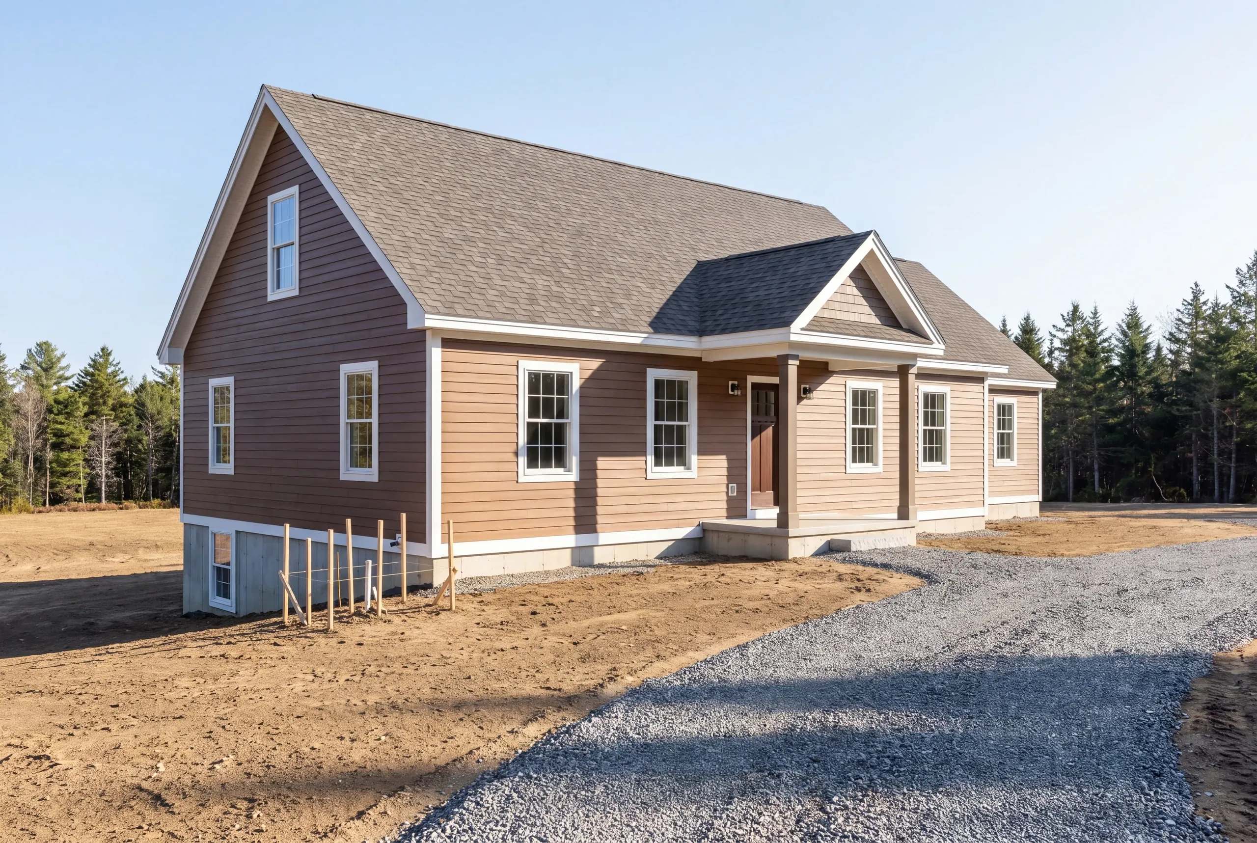 Septic field layout staked out beside a new foundation in Vassalboro, Maine