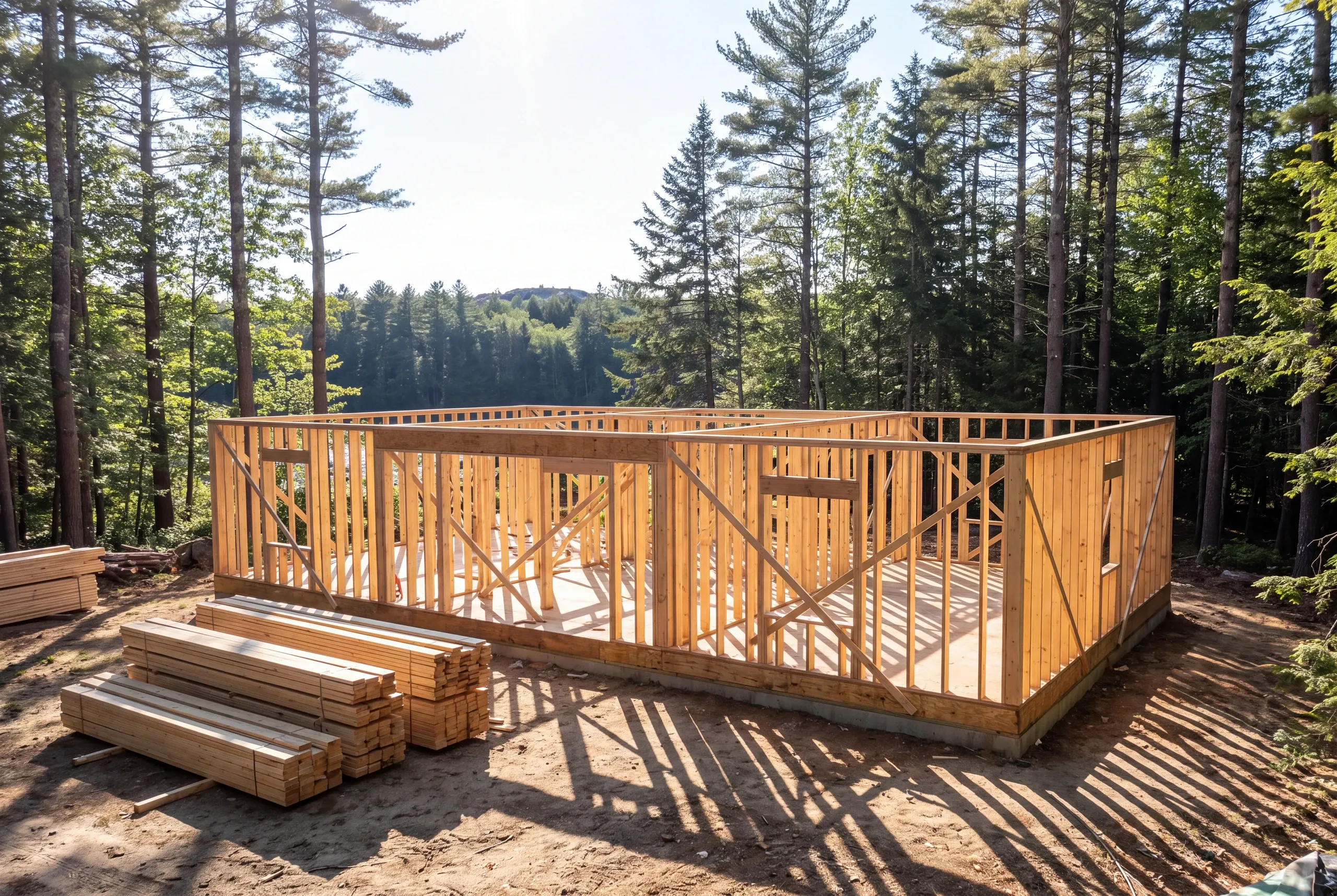 Builder and homeowners walking wooded acreage near Webber Pond before design