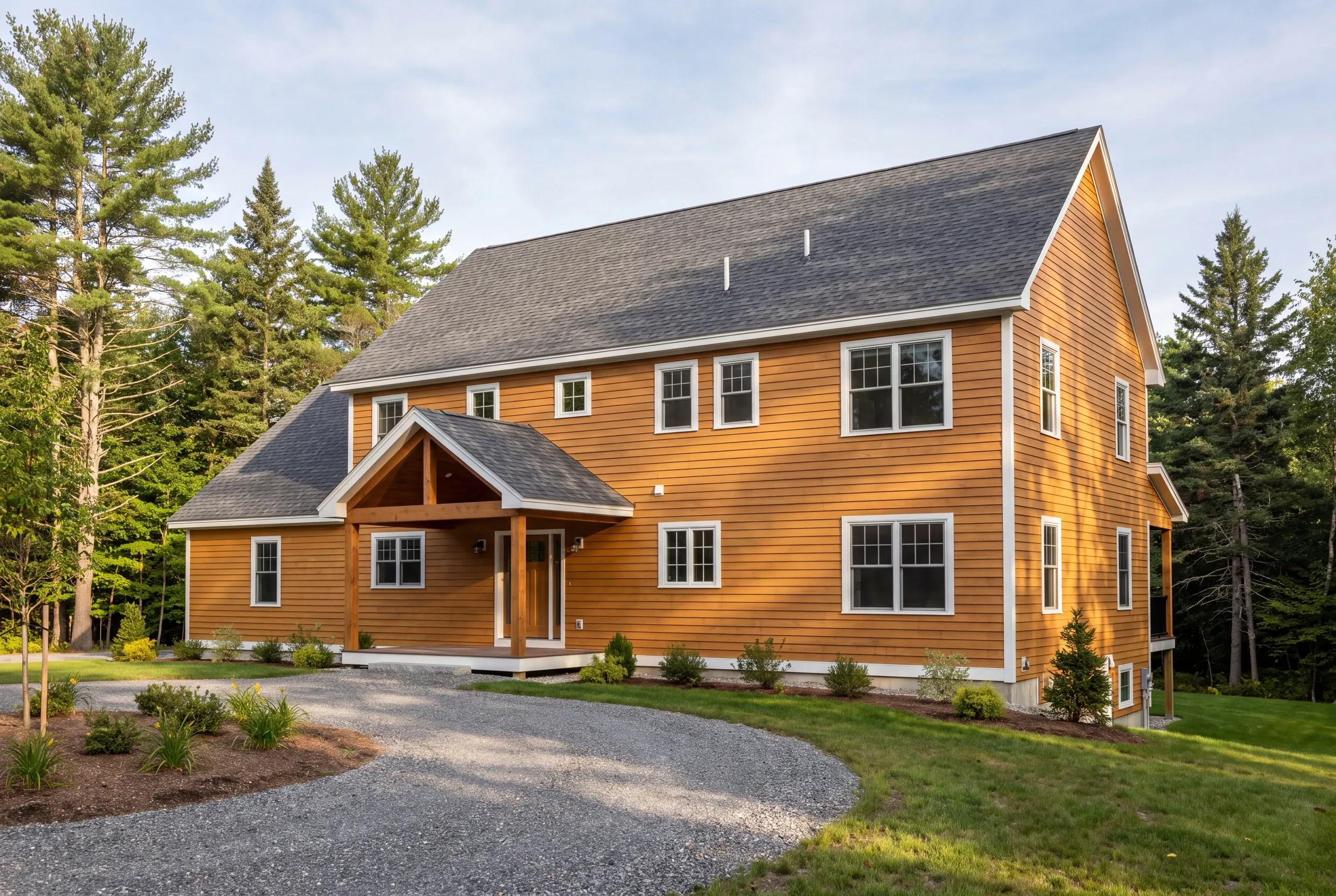 Open kitchen and hearth room in a newly completed Vassalboro home