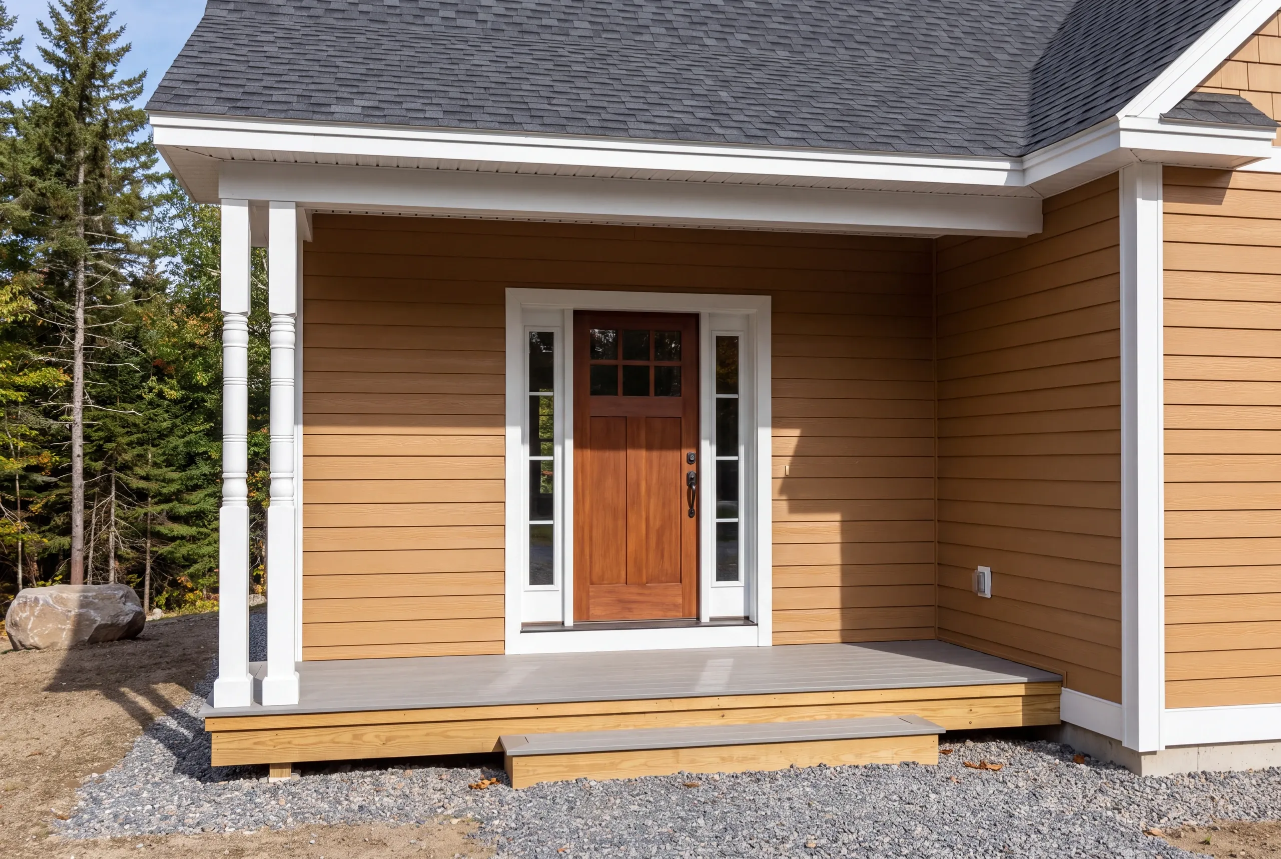 Finished front entry and covered porch of a new Vassalboro home