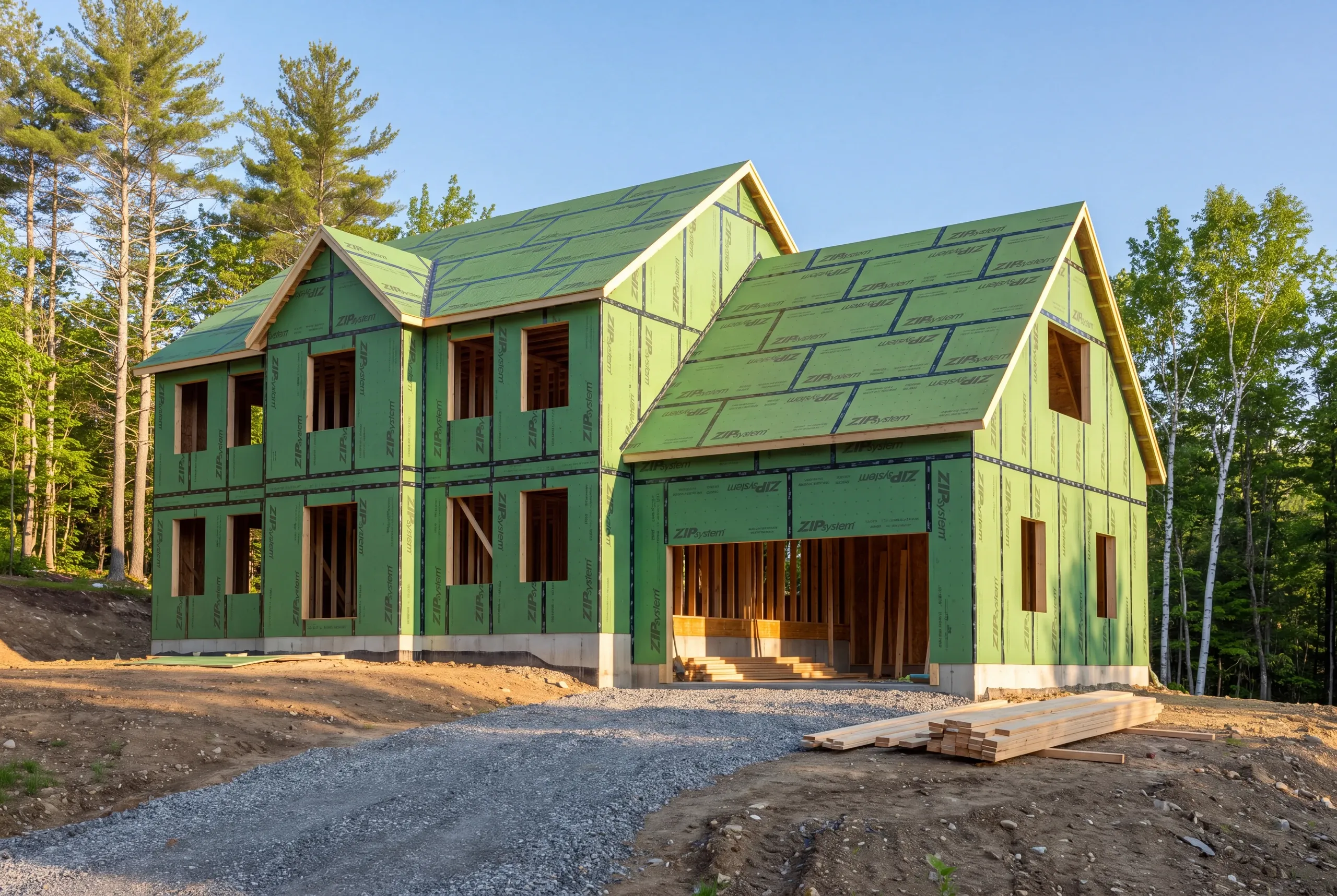Custom home builder Vienna, ME crew framing a new home on a hillside parcel near Flying Pond