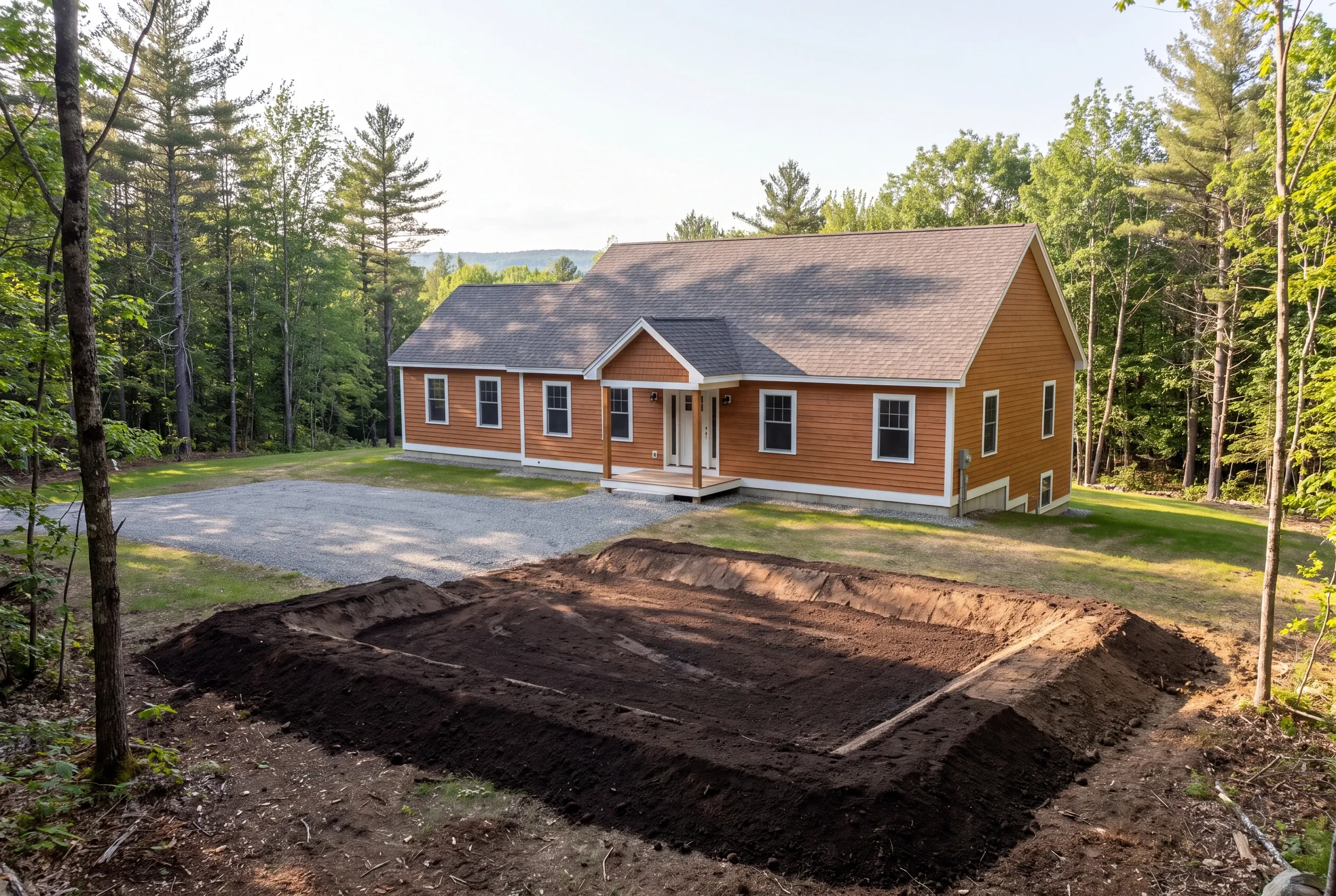Septic field excavation on a rural wooded lot in Vienna, Maine