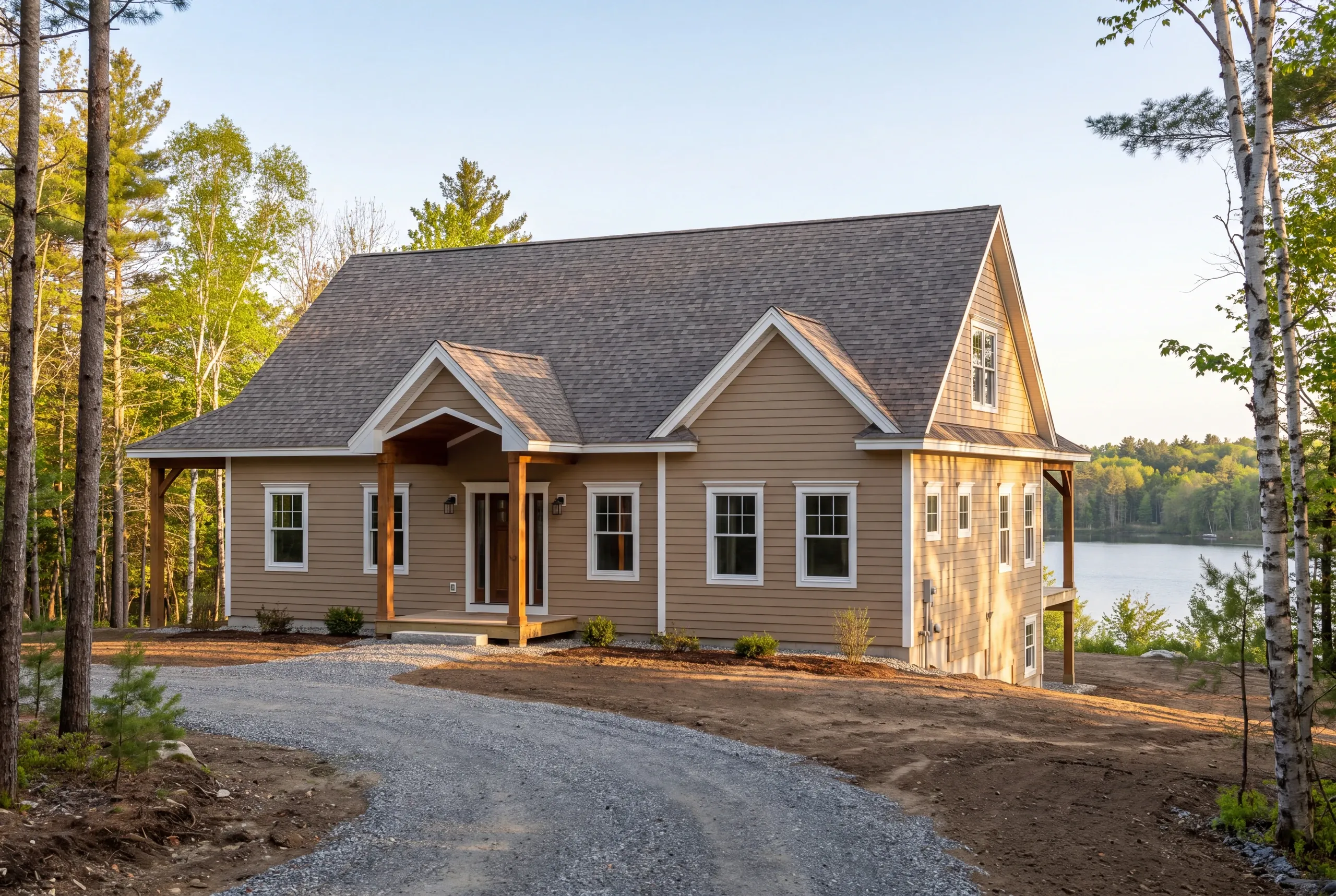 Completed hillside home with deep eaves overlooking Kimball Pond in Vienna