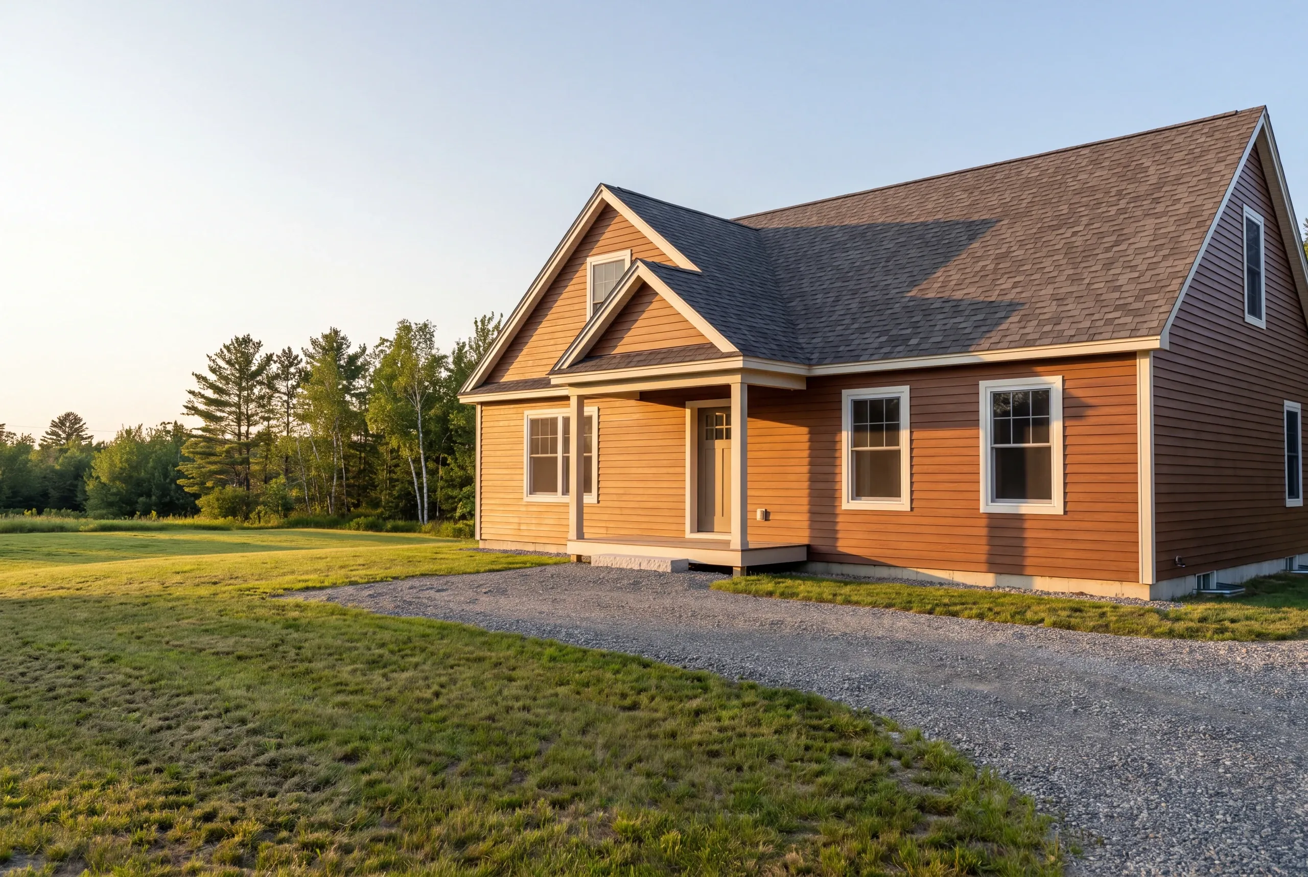 Finished custom home in Vienna, Maine, wide view
