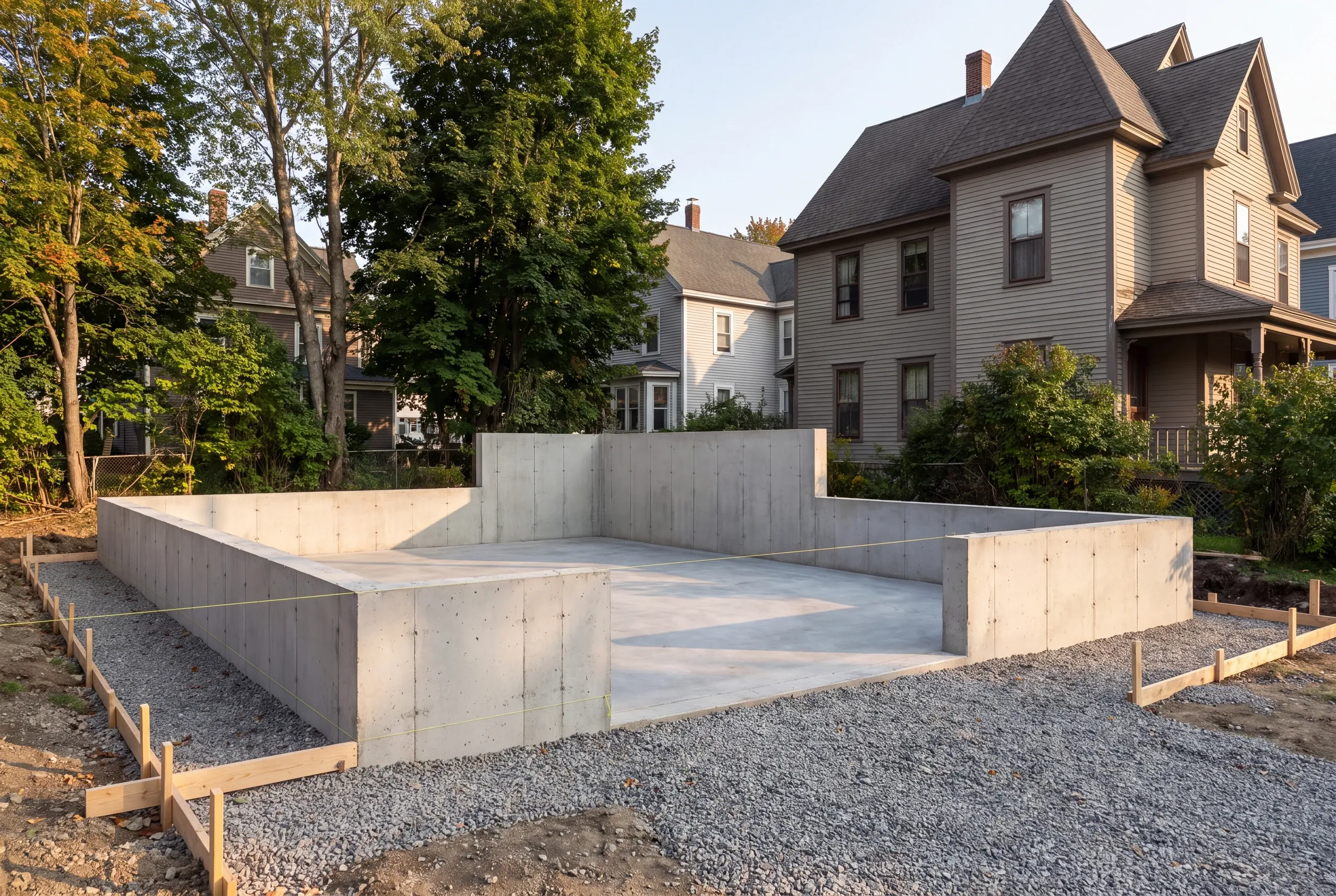 Deep frost footings and formed foundation walls on a tight Waterville building lot