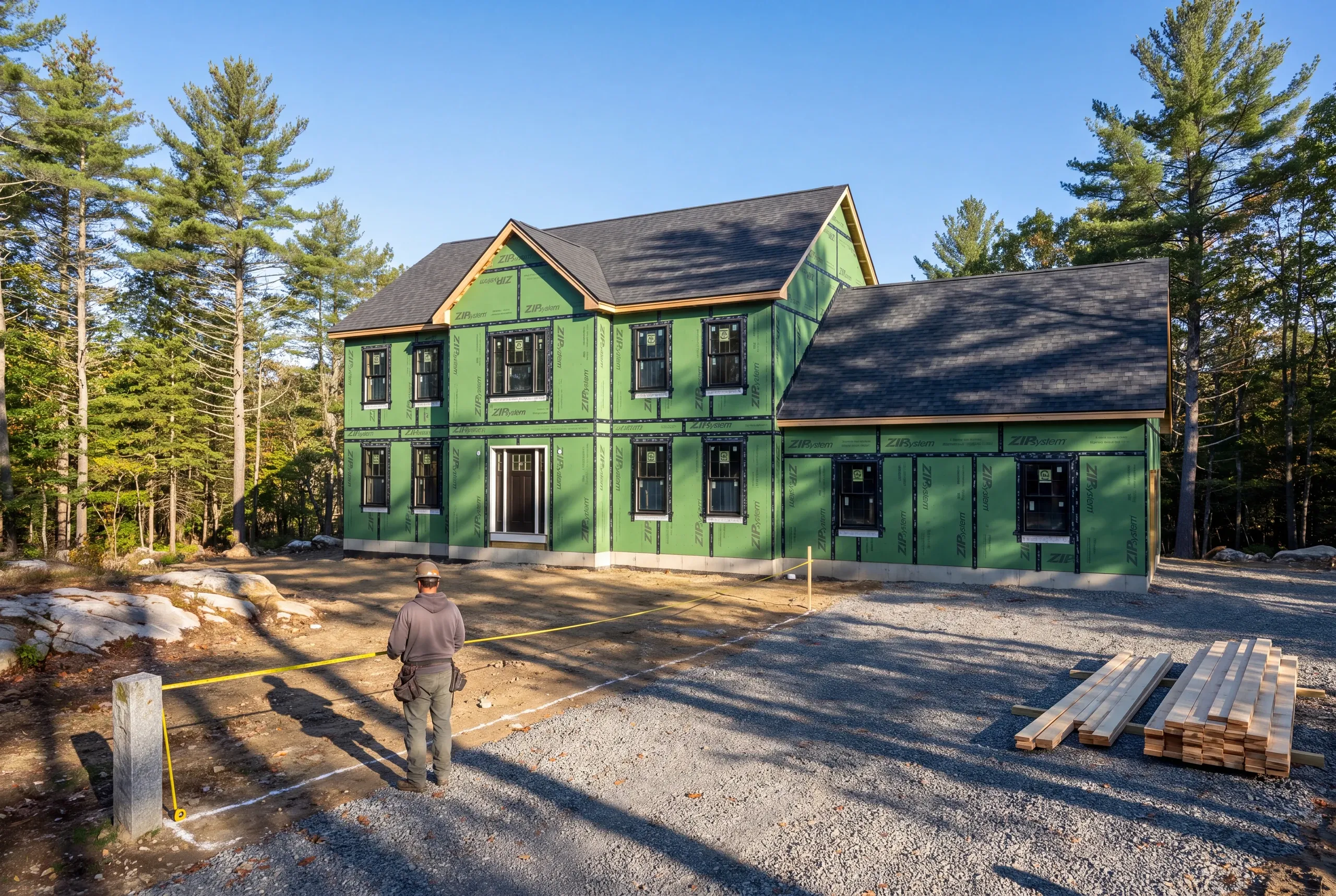 Newman Homes estimator measuring setbacks on a wooded lot outside Waterville