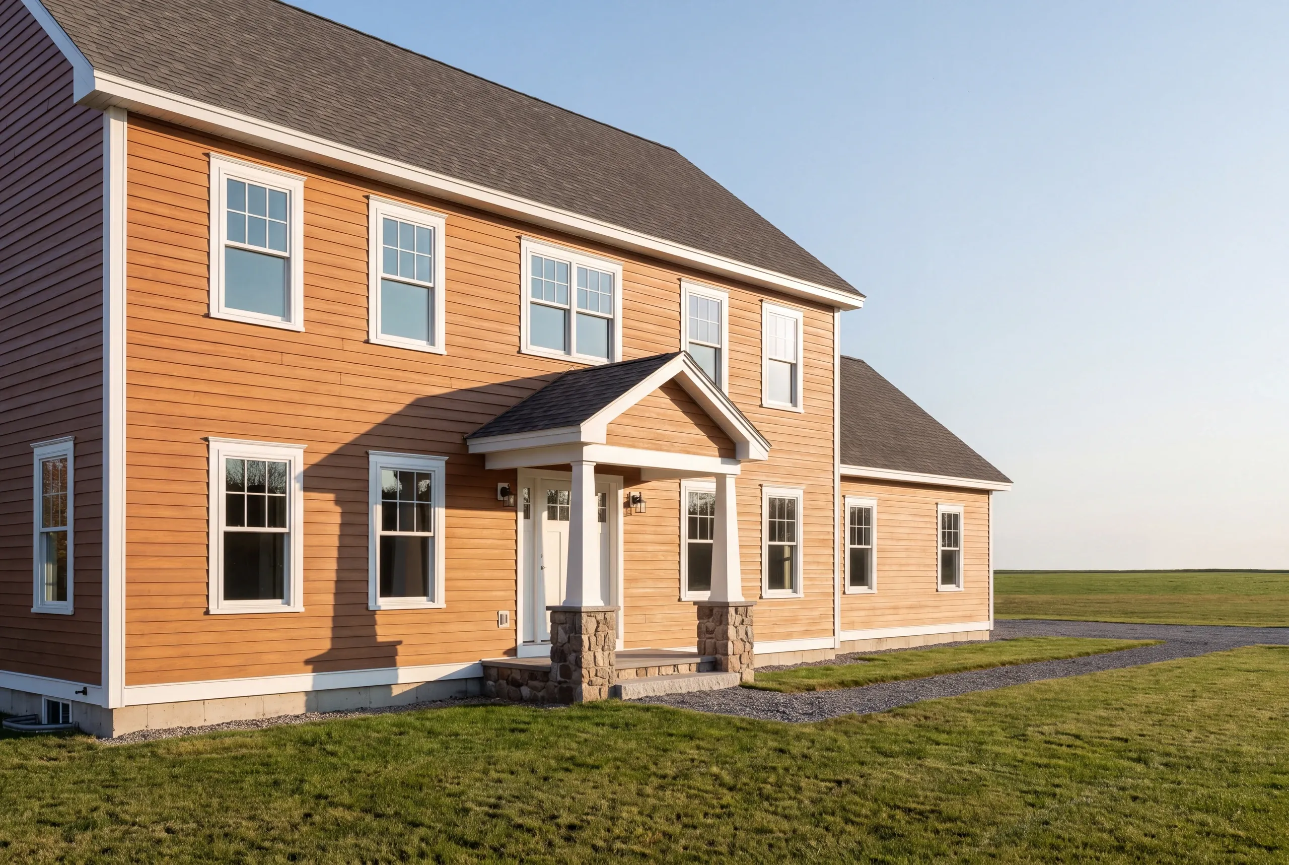 Finished custom home in Waterville, Maine, wide view