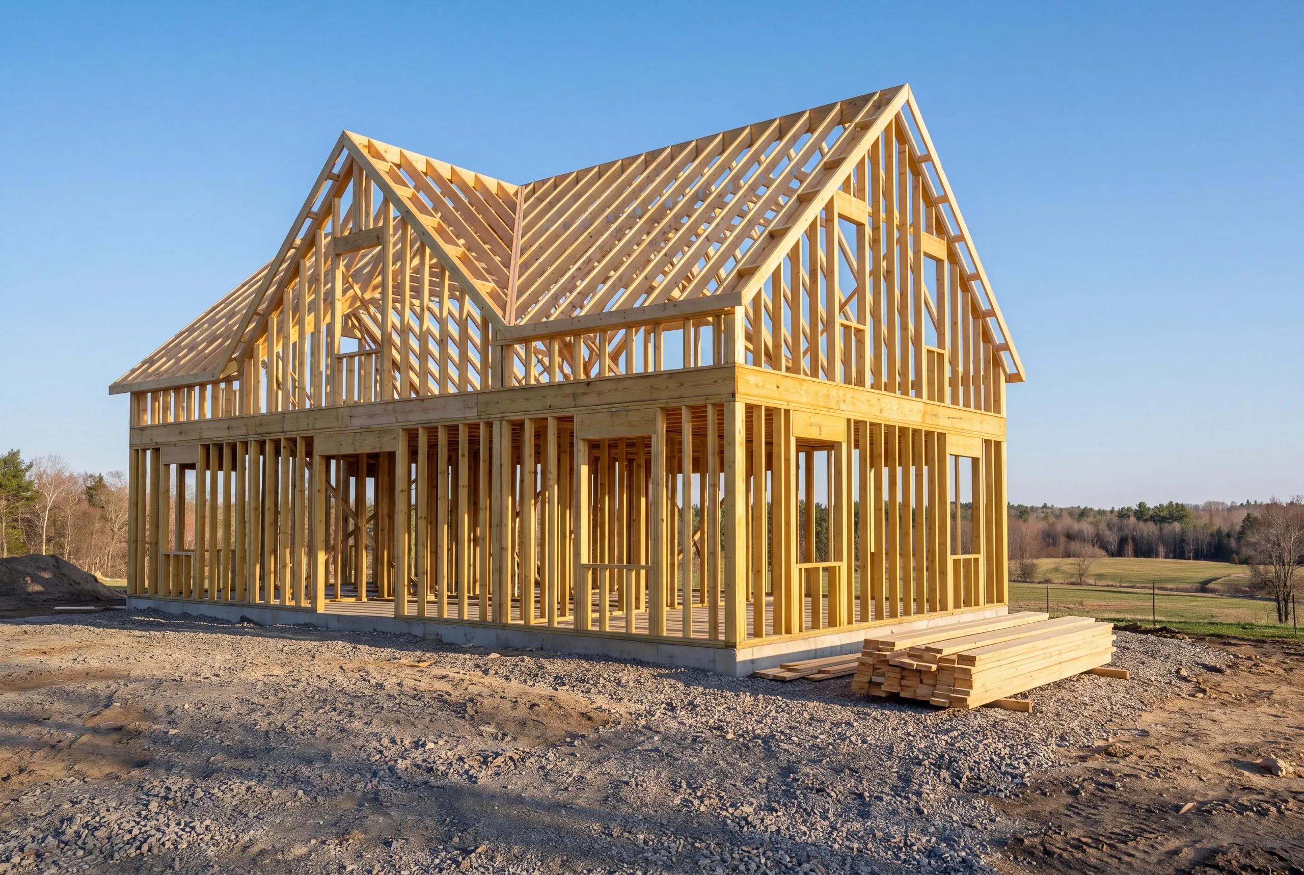 Custom home builder Whitefield, ME crew framing a new house beside working farmland on Route 218