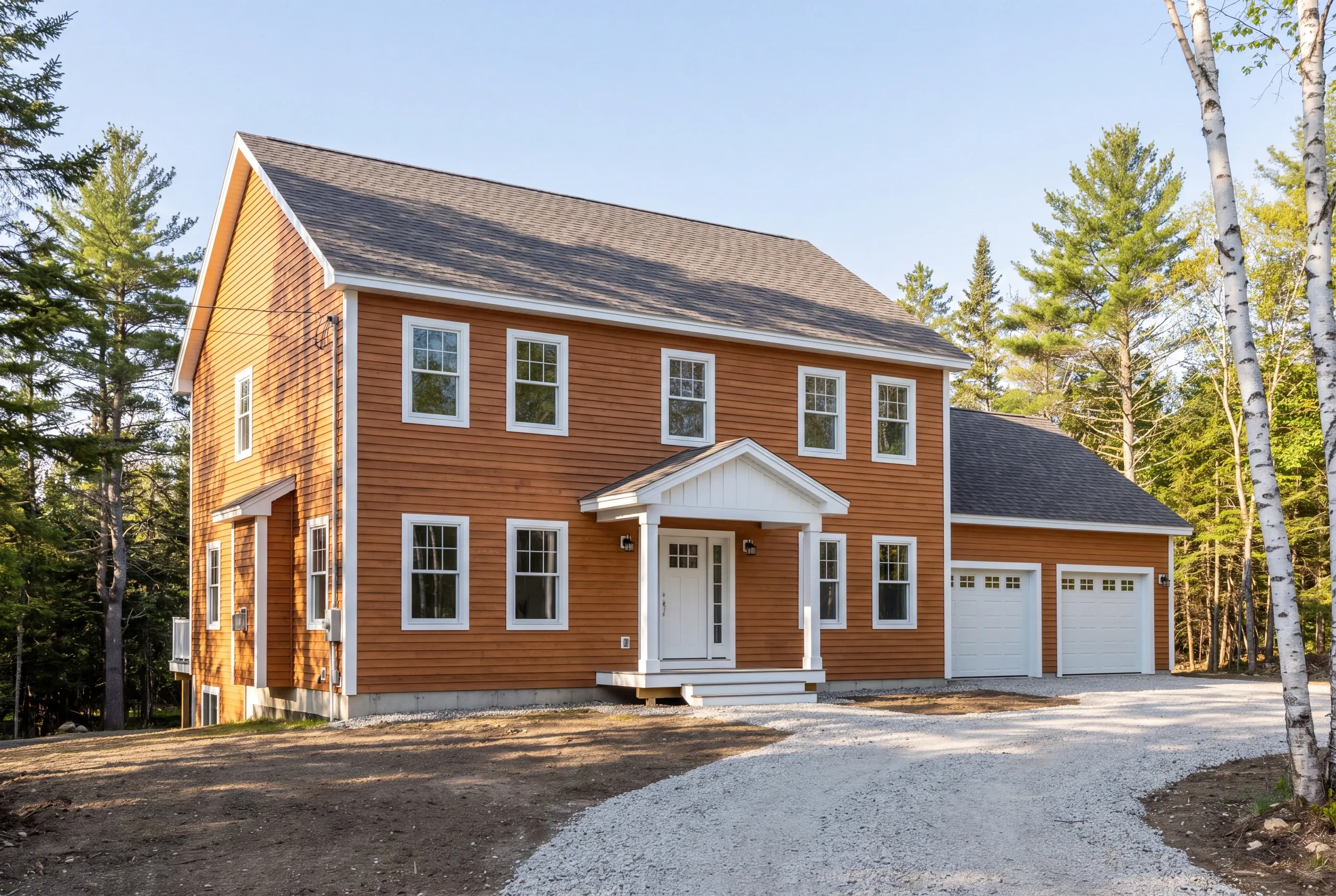 Completed farmhouse-style home with attached garage in Whitefield, Maine