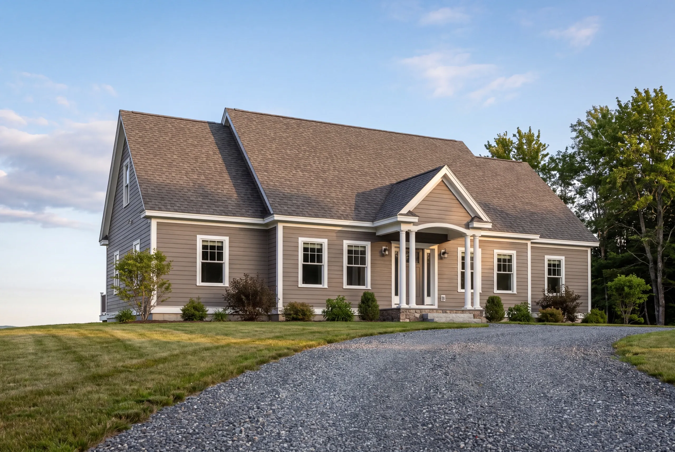 Finished custom home in Whitefield, Maine, wide view