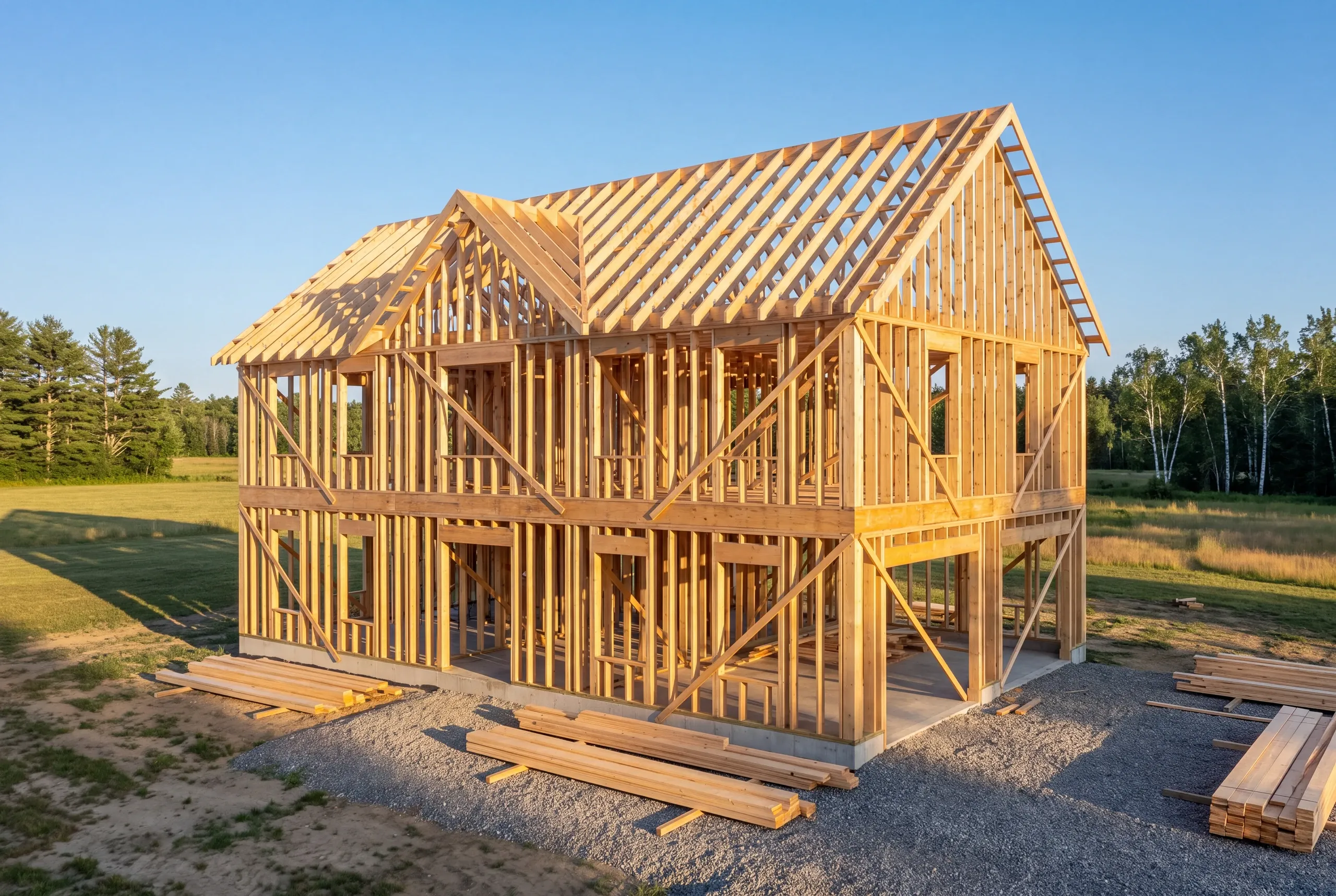 Custom home builder Windsor, ME crew framing a new farmhouse on open agricultural land