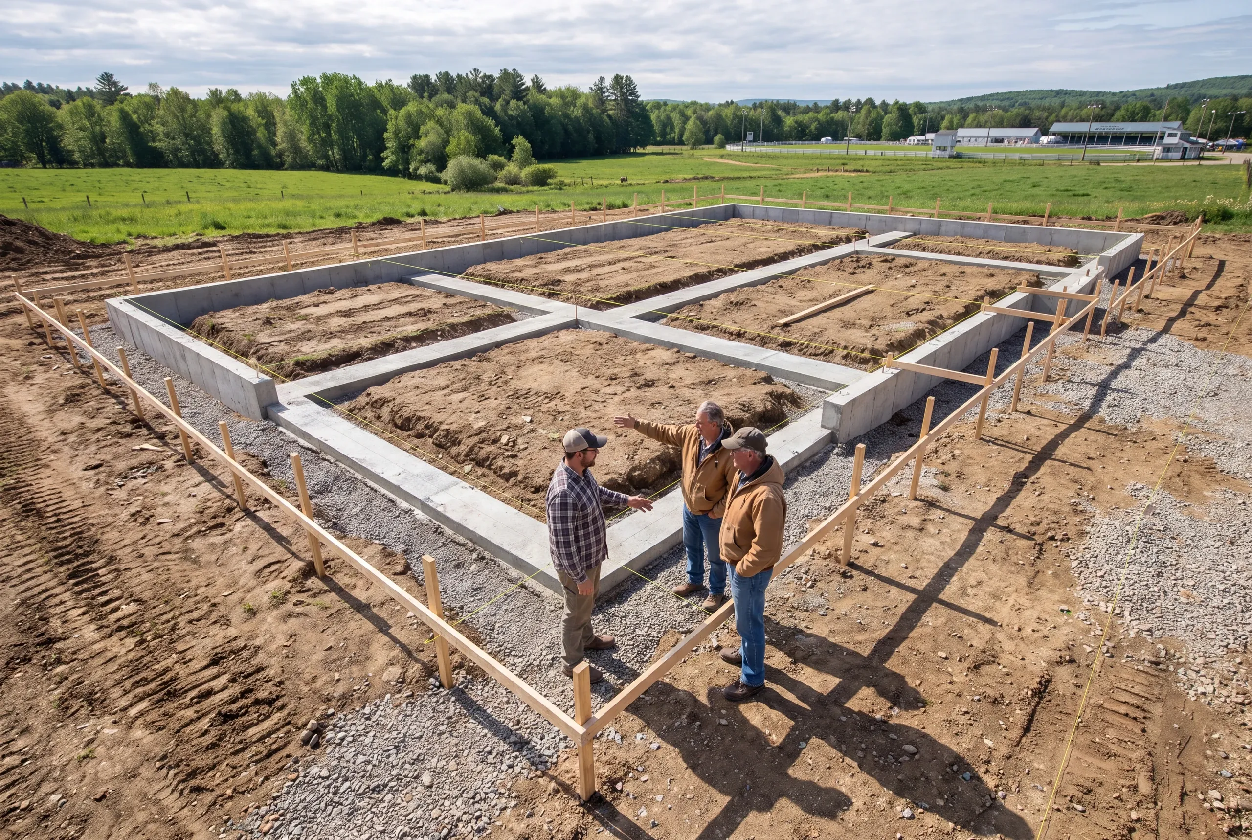 Builder and landowners setting house stakes on farmland near the Windsor fairgrounds
