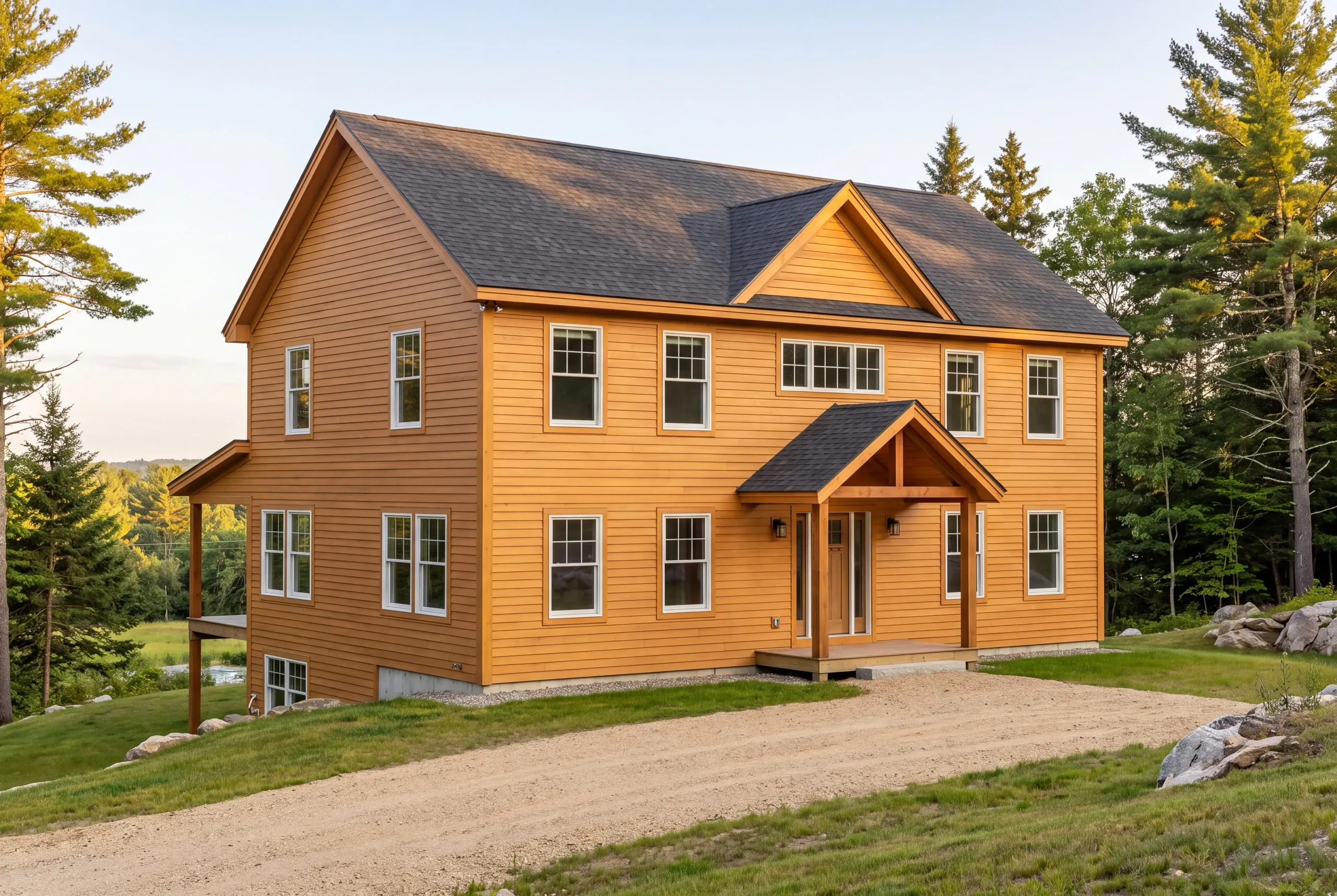 Completed new home with steep roof and deep overhangs on exposed Windsor acreage