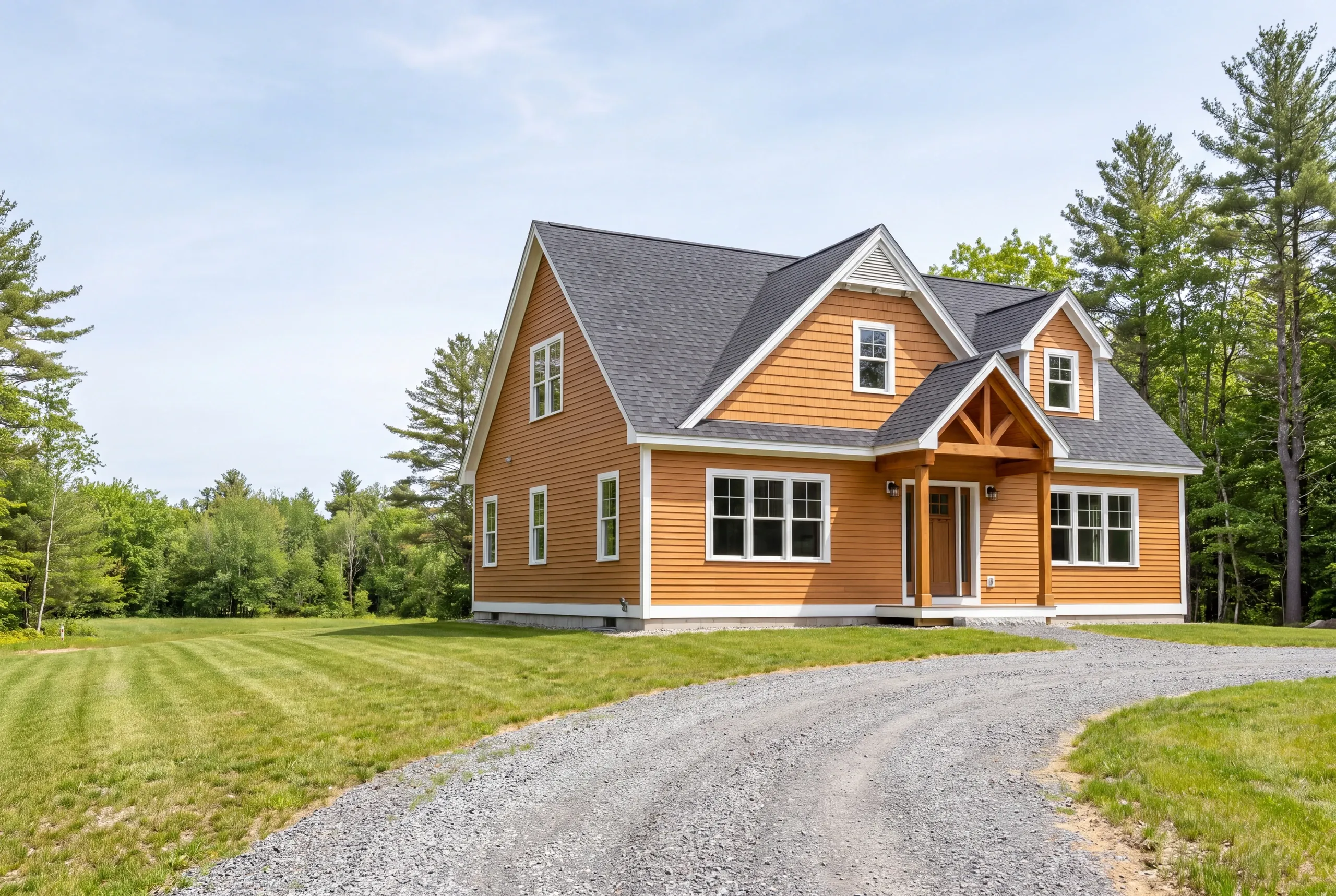 Finished custom home in Windsor, Maine, wide view