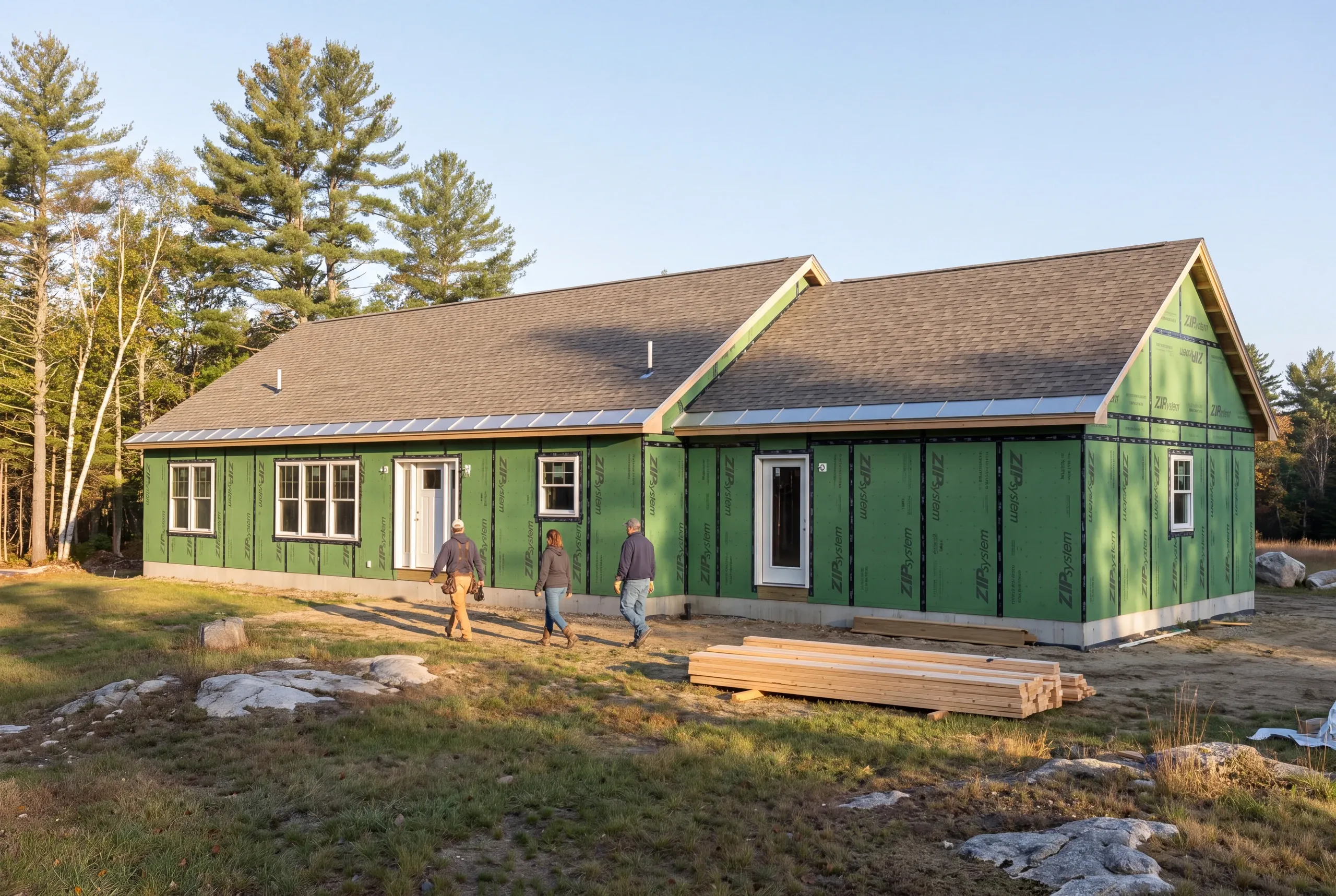 Builder and homeowners staking a house footprint on an open Winslow parcel
