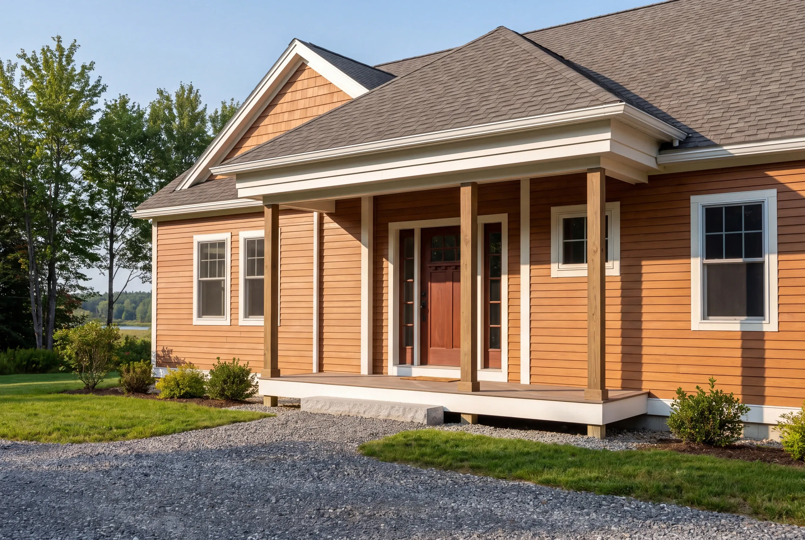 Finished front entry and covered porch of a new Winslow home