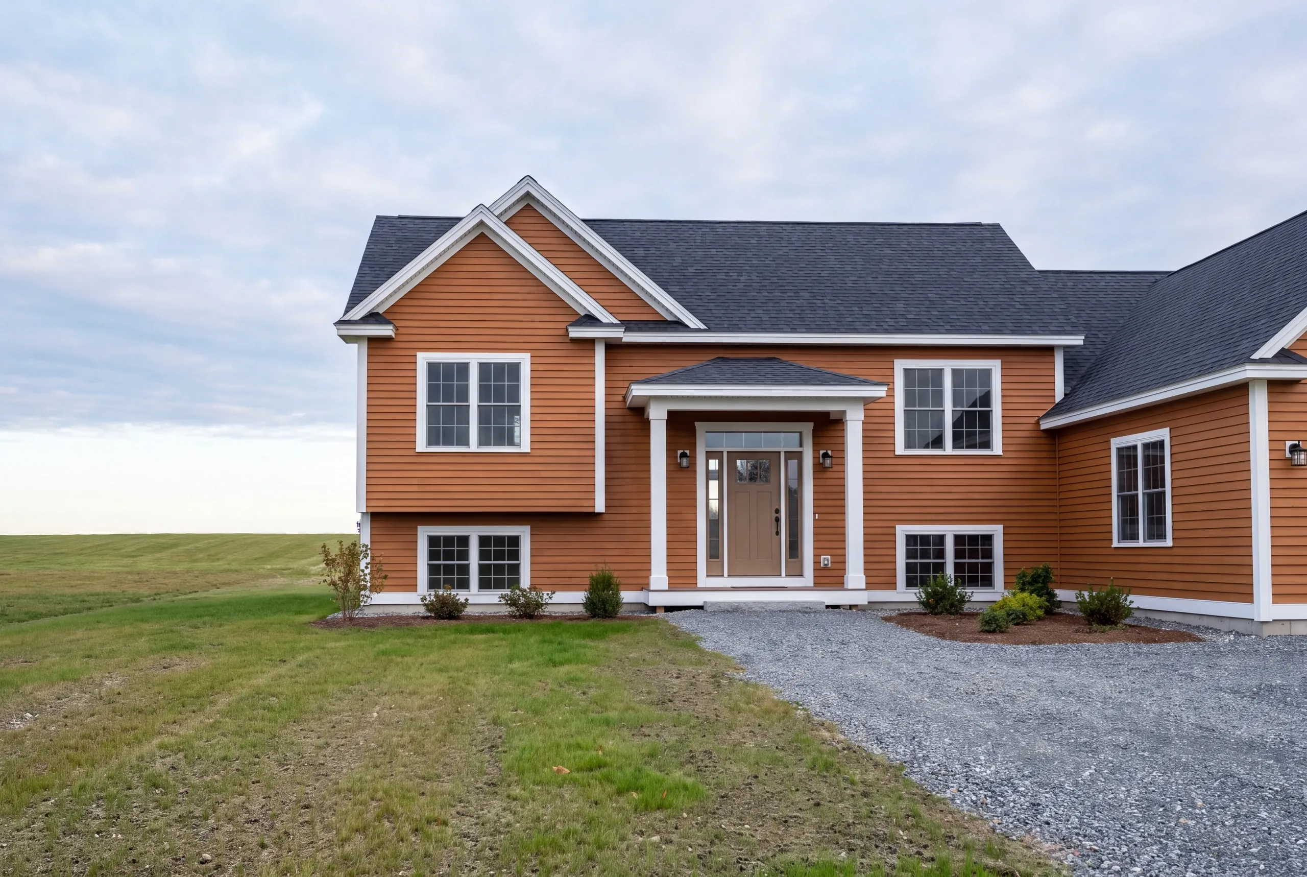 Finished custom home in Winslow, Maine, wide view