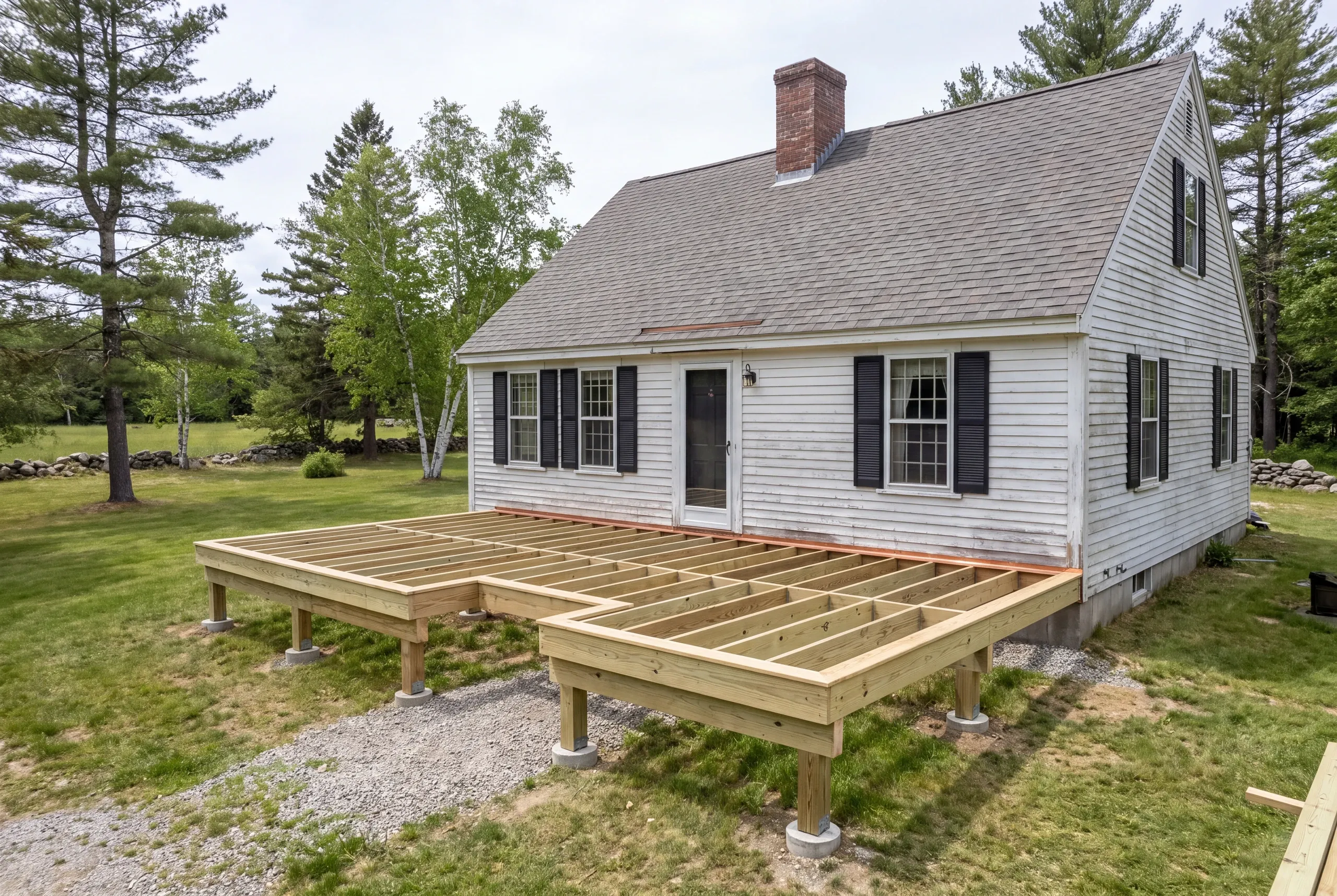 Deck builder Alna, ME crew framing a freestanding deck beside an antique cape
