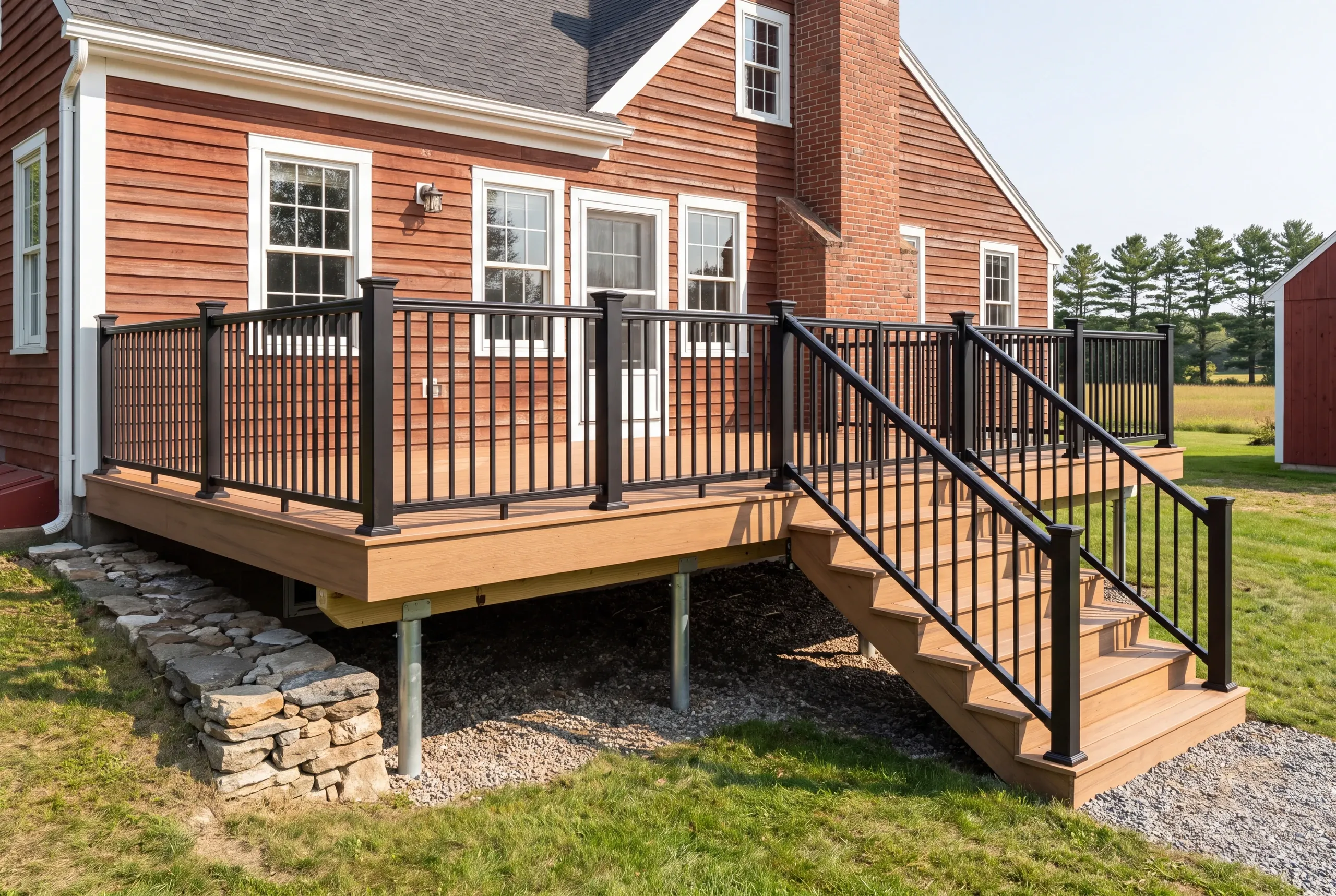 Dry-laid rubble foundation exposed beside a new deck footing in Alna, Maine