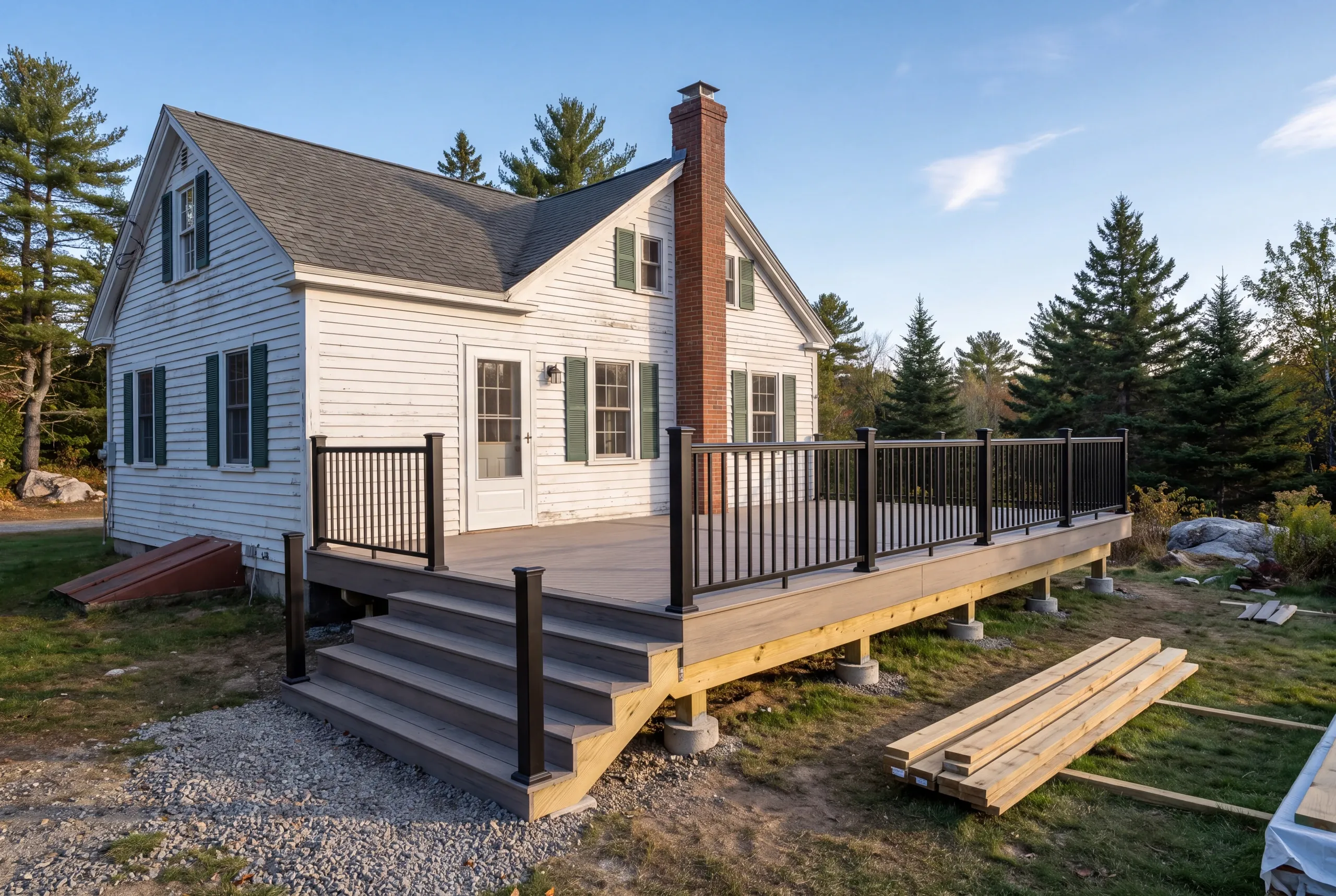Black aluminum railing chosen to suit a Head Tide village home in Alna
