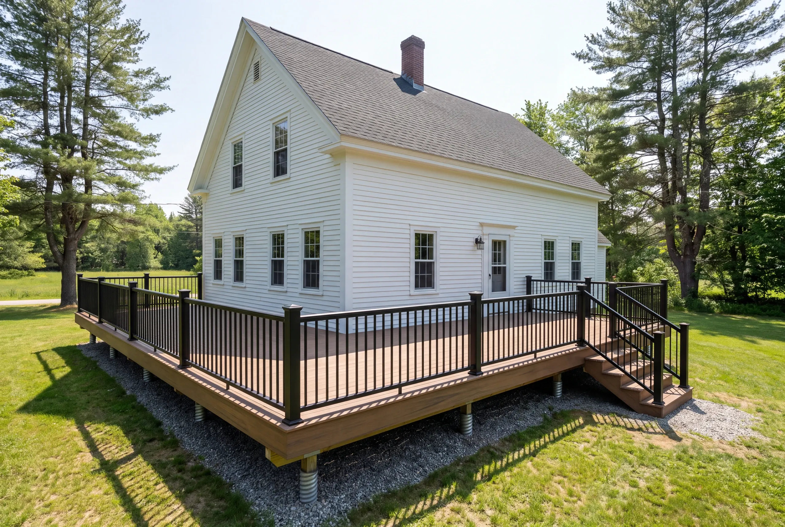 Composite deck with wrapped rim behind a nineteenth century Alna farmhouse
