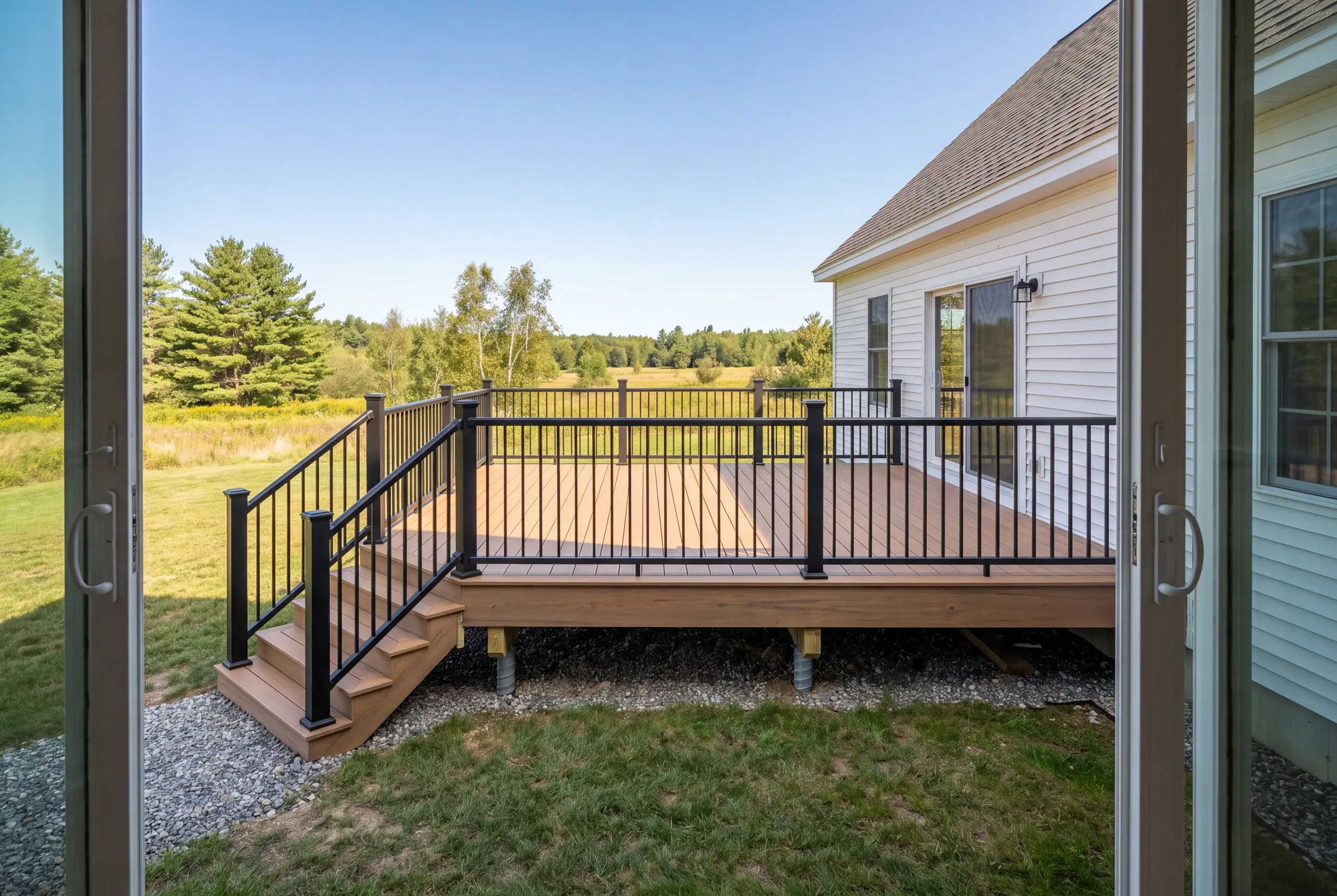 Finished deck and railing at an Alna home seen from the back door