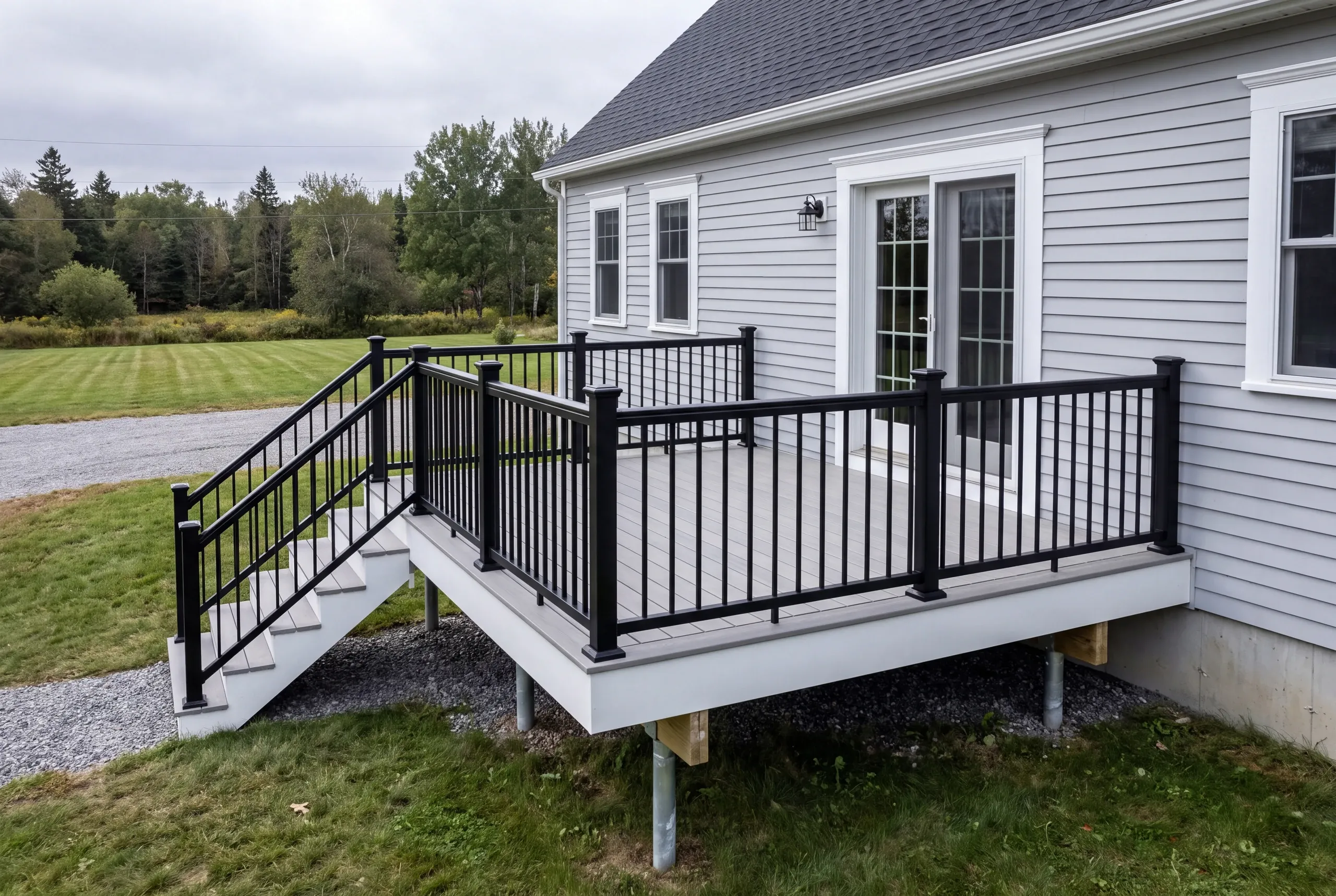 Finished deck and railing on an Alna, Maine home, wide view