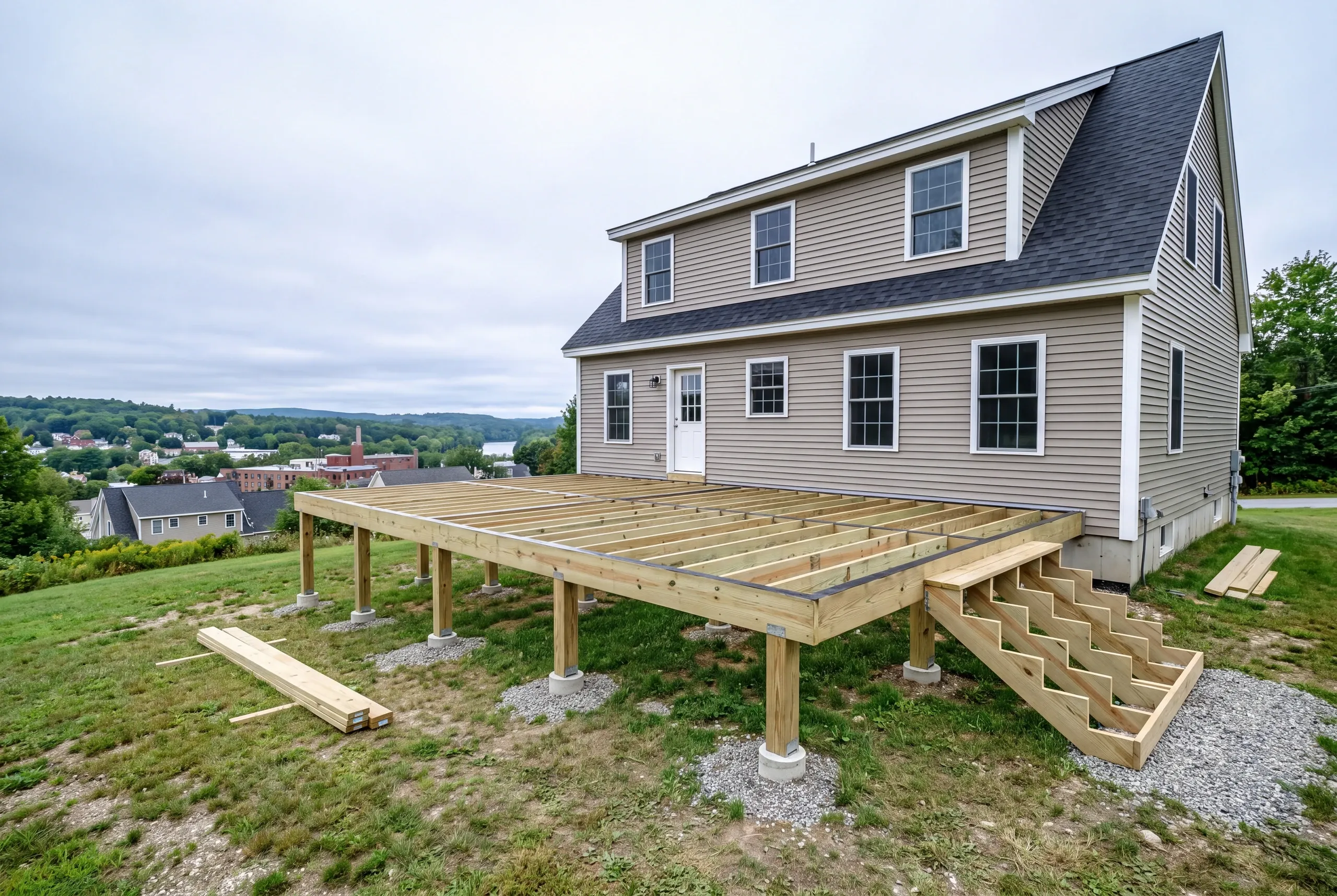 Deck builder Auburn, ME crew framing a deck behind a hillside neighborhood home