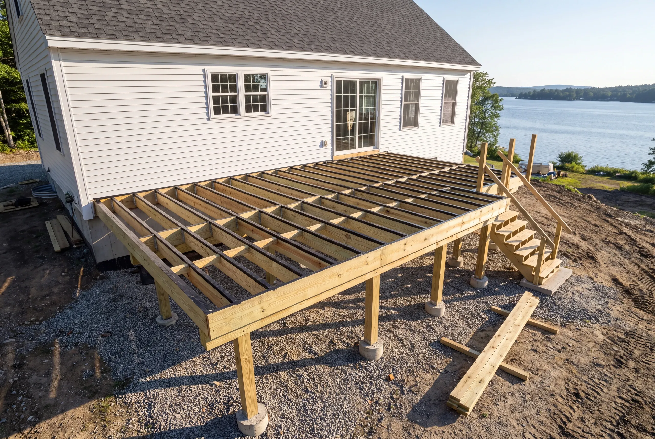 Cable railing on a deck overlooking Lake Auburn