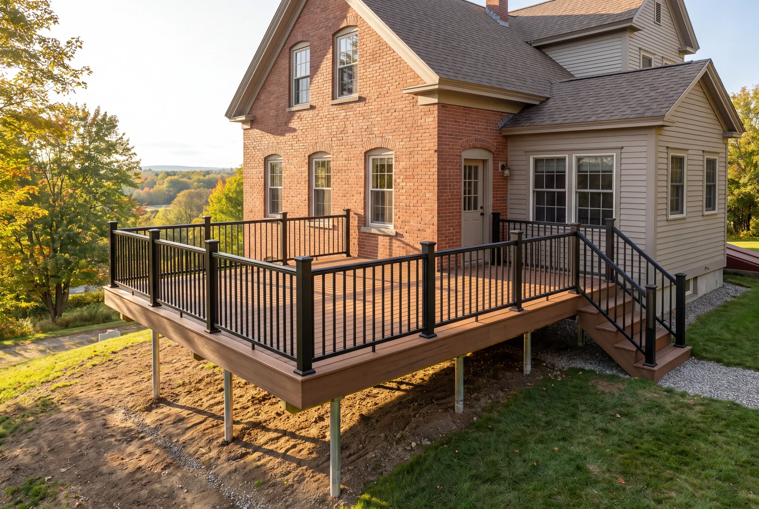 Composite deck with wrapped rim behind a mill-era home in Auburn, Maine