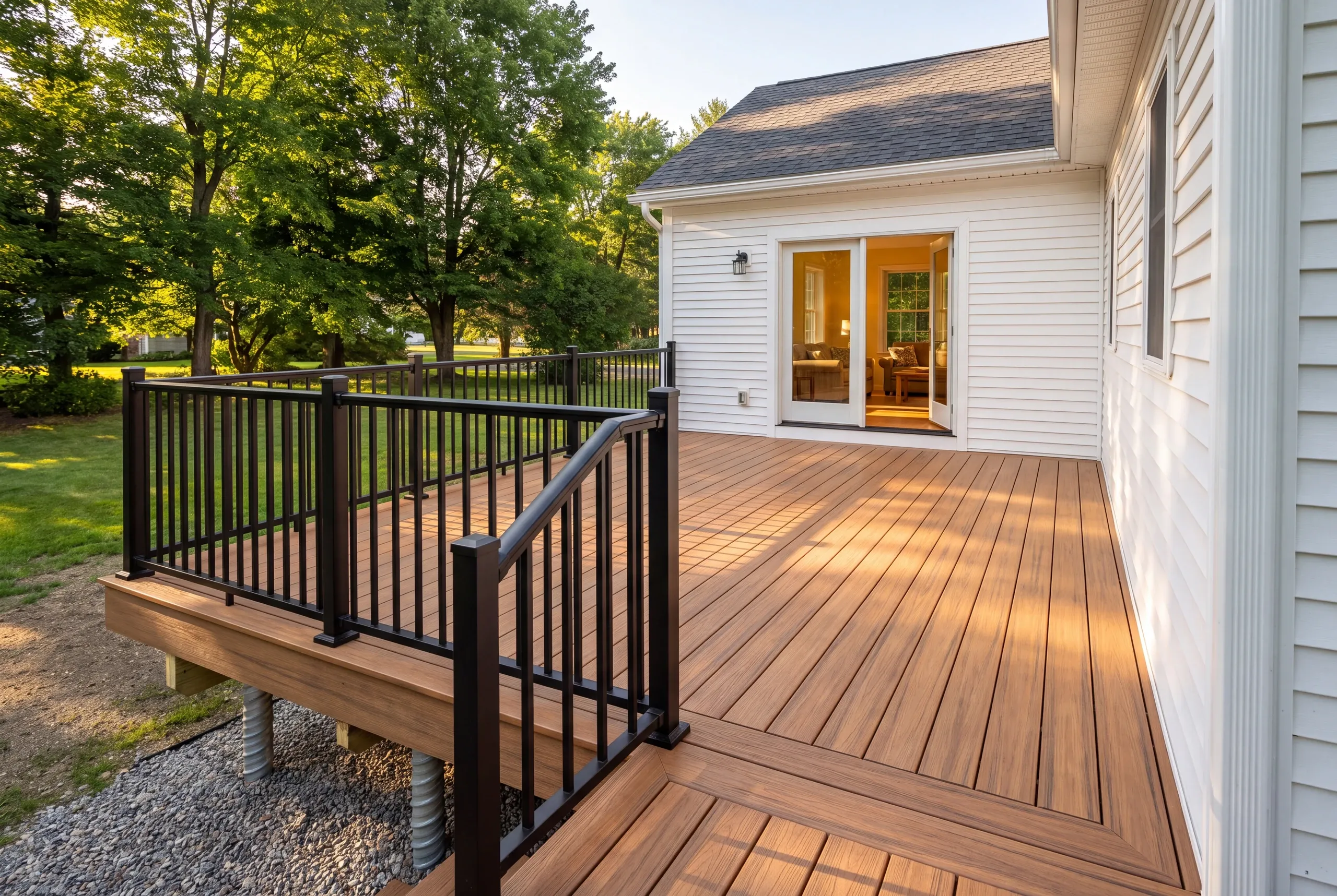 Finished deck and railing at an Auburn home seen from the back door