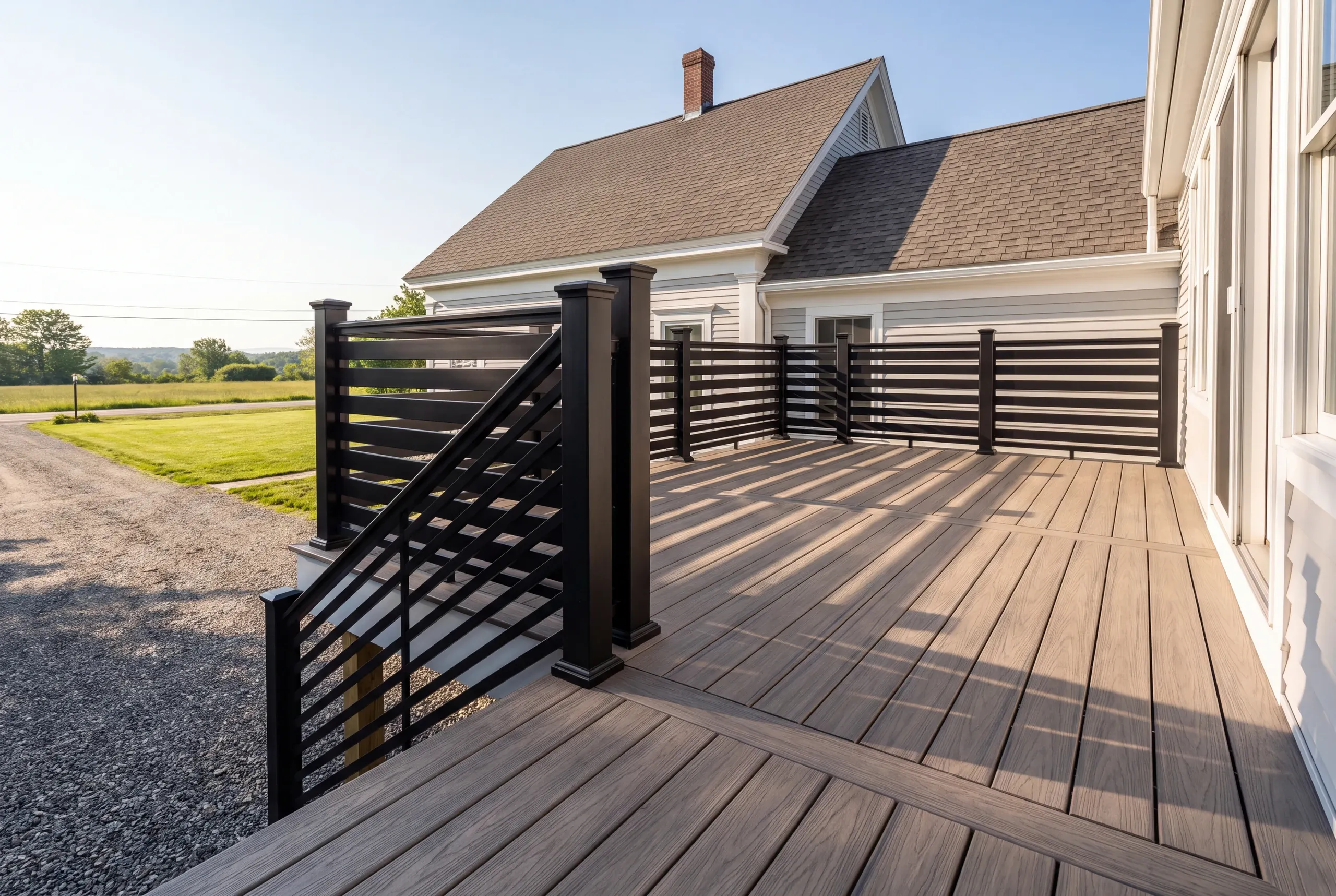 Finished deck and railing on an Auburn, Maine home, wide view
