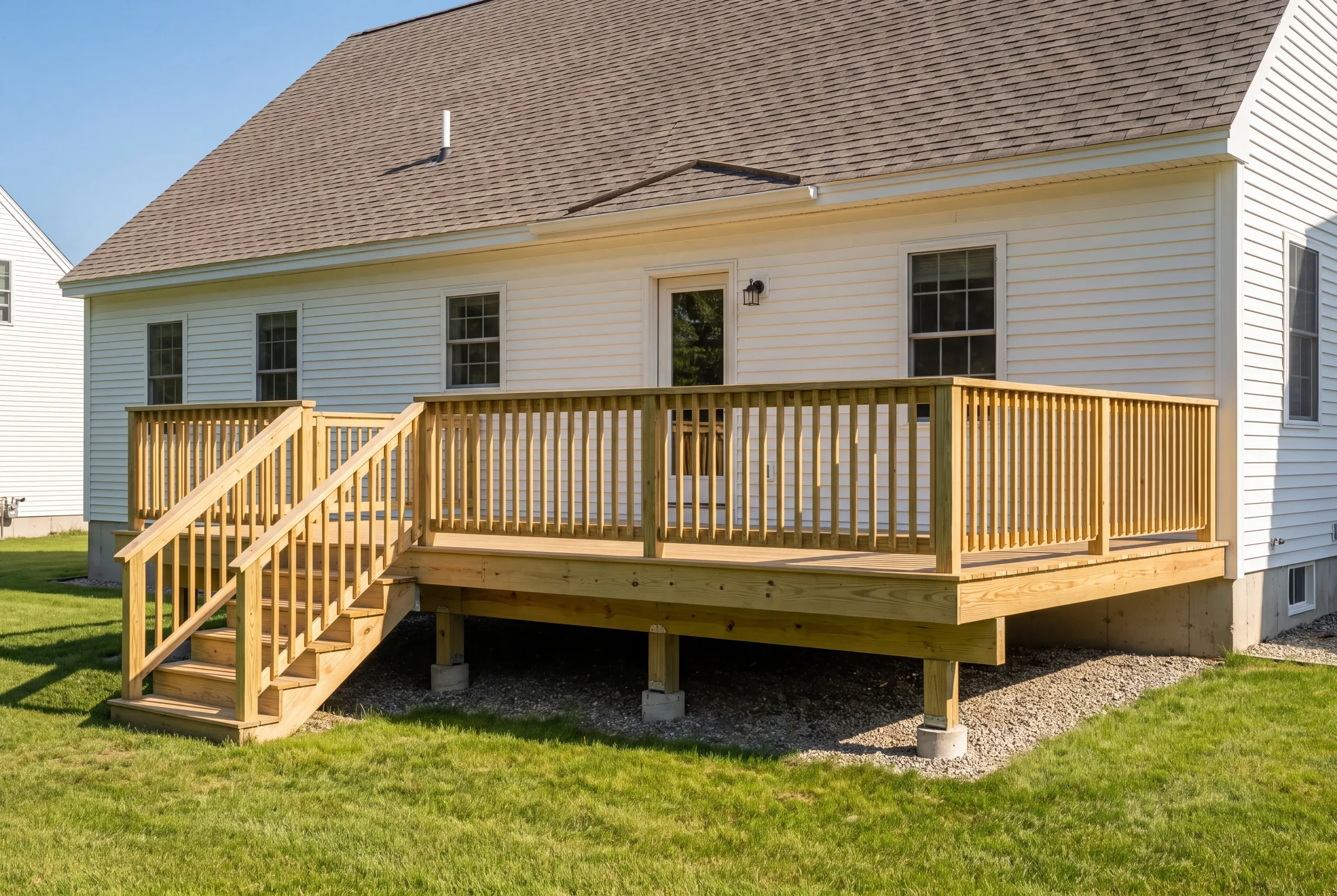 Deck builder Augusta, ME crew installing composite decking on a new frame behind a Kennebec valley home