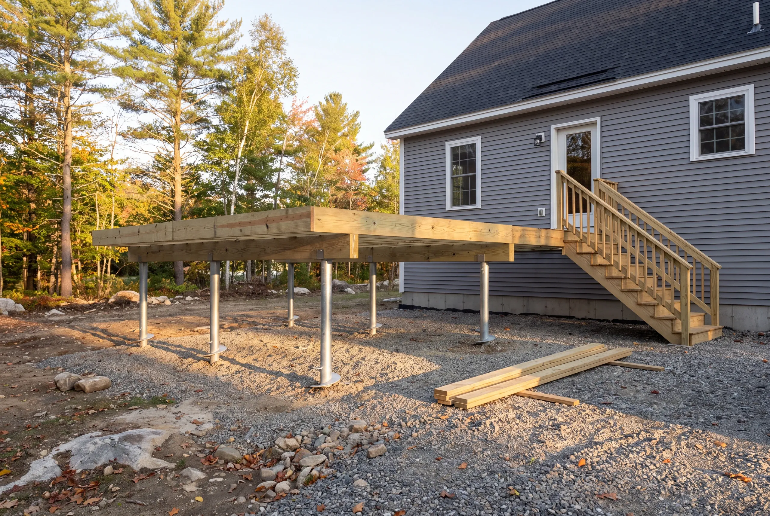 Helical piles driven to four feet before deck framing begins on an Augusta lot