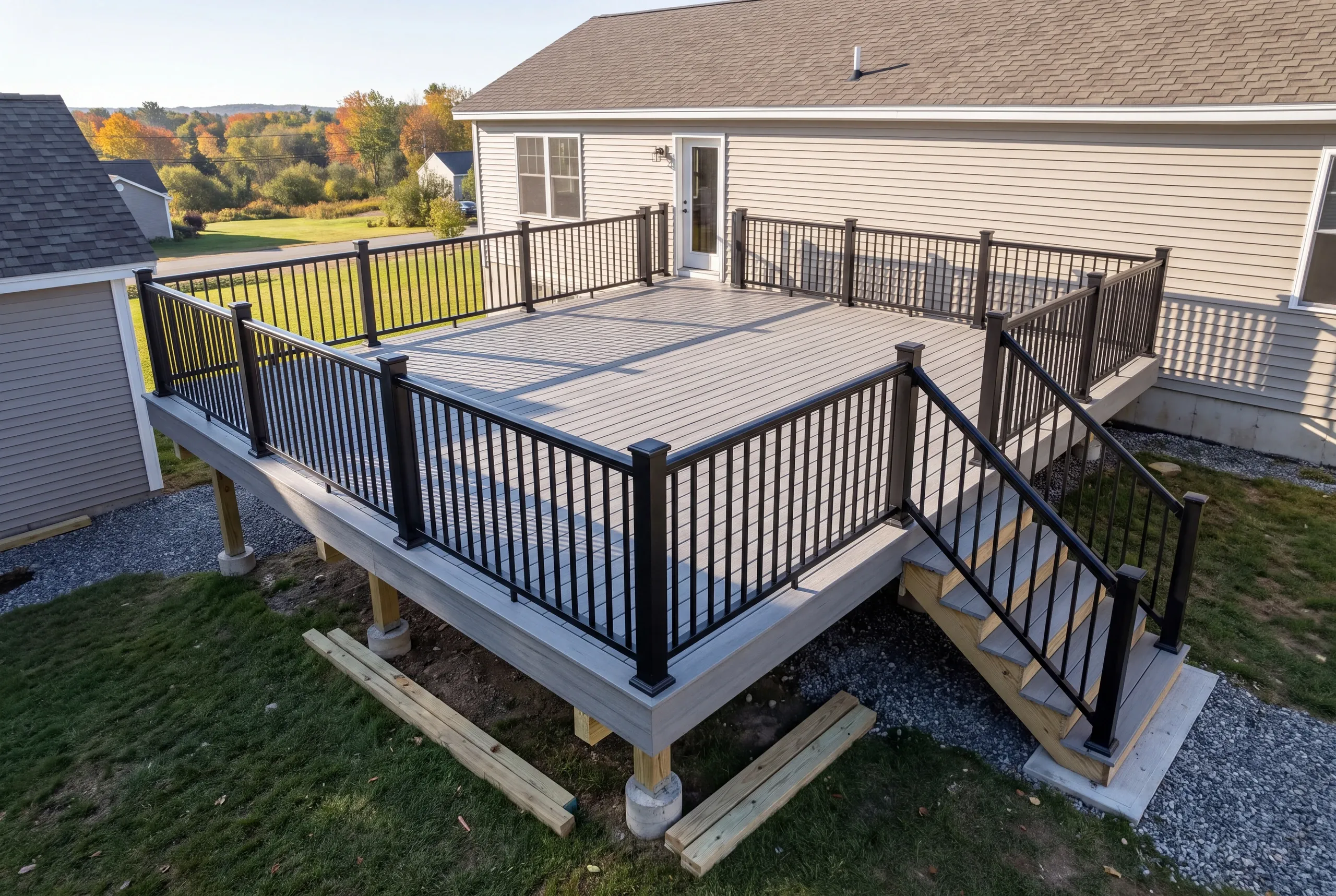 Westbury aluminum railing installed on a finished deck in Augusta, Maine