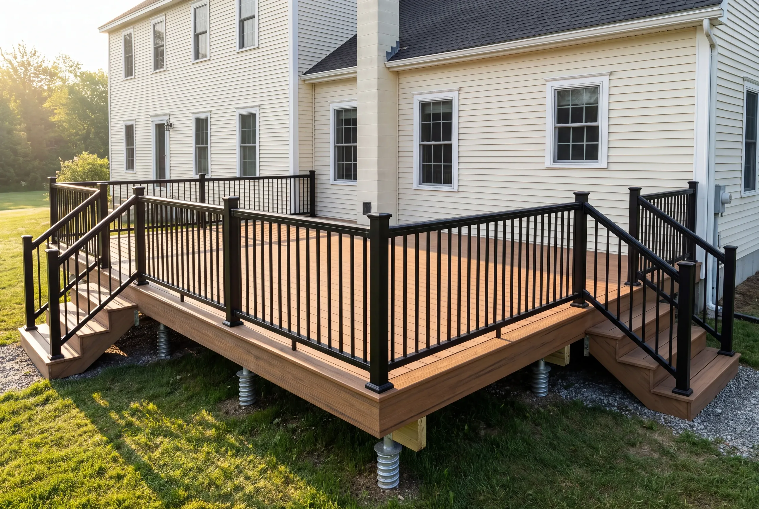 Builder measuring a deck footprint against the back of an Augusta house